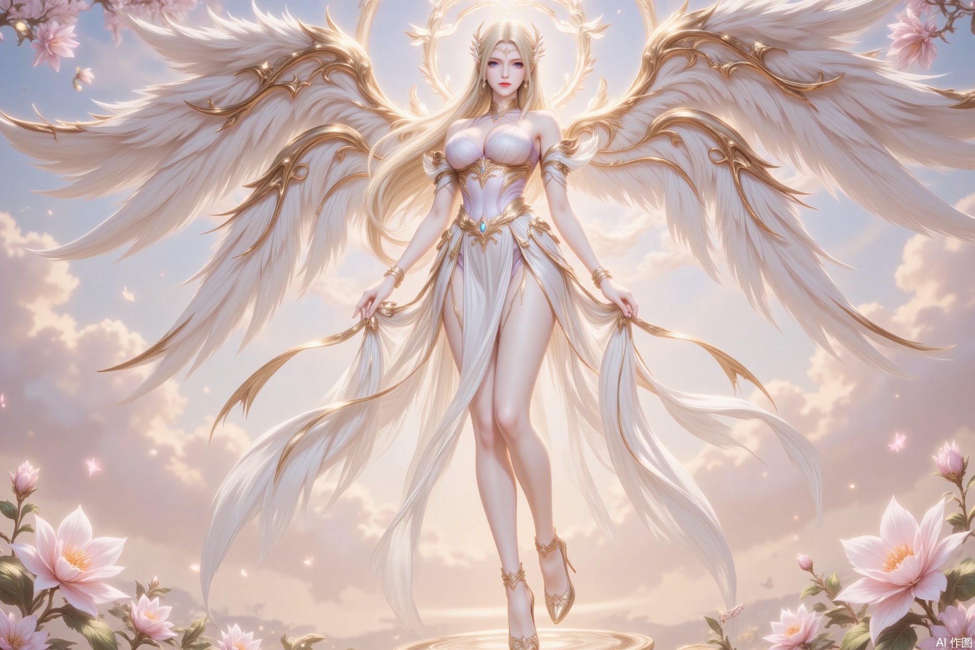 ,qianrenxue,1girl, blonde hair, wings, long hair, breasts, solo, blue eyes, angel wings, halo, flower, angel, dress, cloud, white dress, sky, looking at viewer, full body, jewelry, large breasts, bracelet, high heels, bare shoulders, cleavage, multiple wings,12,cover,gradient background,close-up details,outstanding style,adding a touch of dimension to your images without compromising details,close-up,,lvjing,,luxueqi,