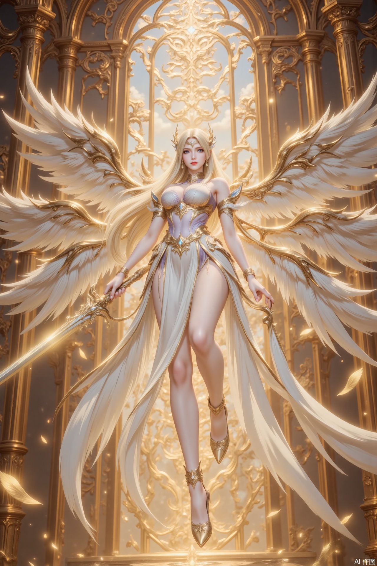 ,qianrenxue,blonde hair,long hair,blue eyes,looking at viewer,jewelry,earrings,hair ornament,closed mouth,1girl,breasts,solo,wings,long hair,high heels,angel wings,dress,angel,large breasts,feathered wings,white dress,bare shoulders,legs,armlet,bare legs,white wings,thighs,bracelet,she floats in the air,broken golden temple,weapon,holding weapon,sword,holding_sword,glow_sword,golden excalibur,cover,gradient background,close-up details,outstanding style,adding a touch of dimension to your images without compromising details,close-up,,lvjing,,luxueqi,