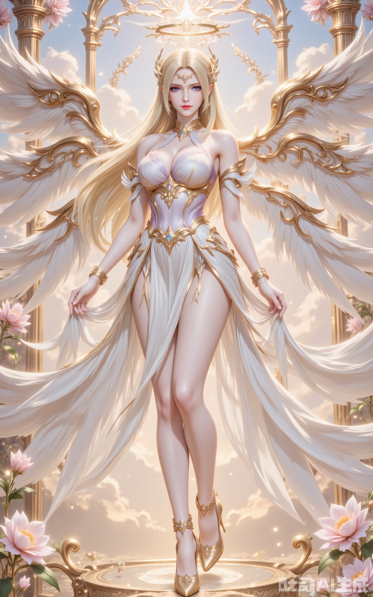 qianrenxue,1girl, blonde hair, wings, long hair, breasts, solo, blue eyes, angel wings, halo, flower, angel, dress, cloud, white dress, sky, looking at viewer, full body, jewelry, large breasts, bracelet, high heels, bare shoulders, cleavage, multiple wings,12,cover,gradient background,close-up details,outstanding style,adding a touch of dimension to your images without compromising details,close-up,,lvjing,,luxueqi,