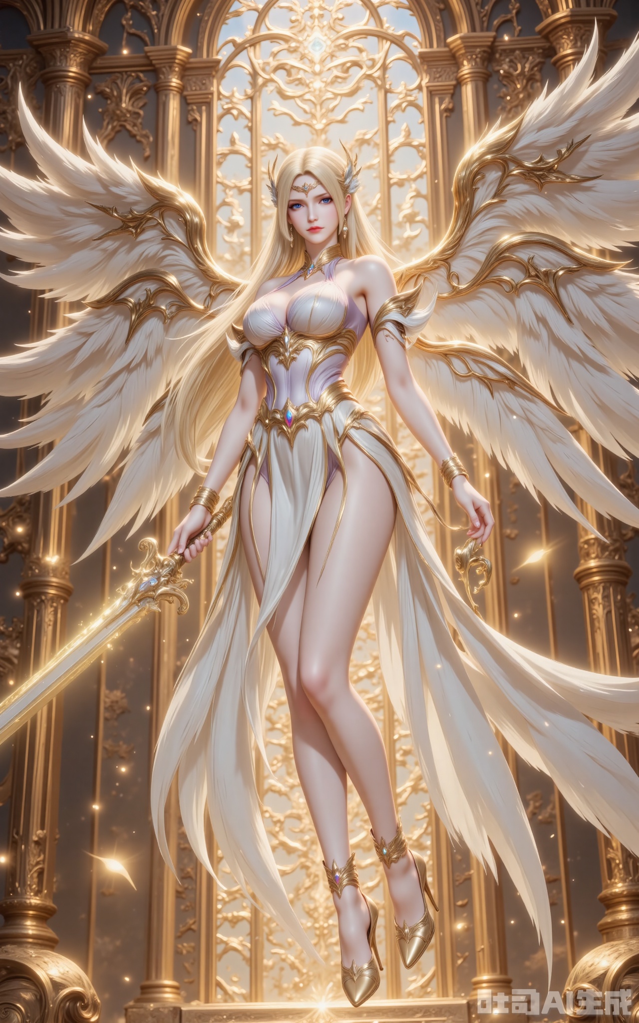 qianrenxue,blonde hair,long hair,blue eyes,looking at viewer,jewelry,earrings,hair ornament,closed mouth,1girl,breasts,solo,wings,long hair,high heels,angel wings,dress,angel,large breasts,feathered wings,white dress,bare shoulders,legs,armlet,bare legs,white wings,thighs,bracelet,she floats in the air,broken golden temple,weapon,holding weapon,sword,holding_sword,glow_sword,golden excalibur,cover,gradient background,close-up details,outstanding style,adding a touch of dimension to your images without compromising details,close-up,,lvjing,,luxueqi,