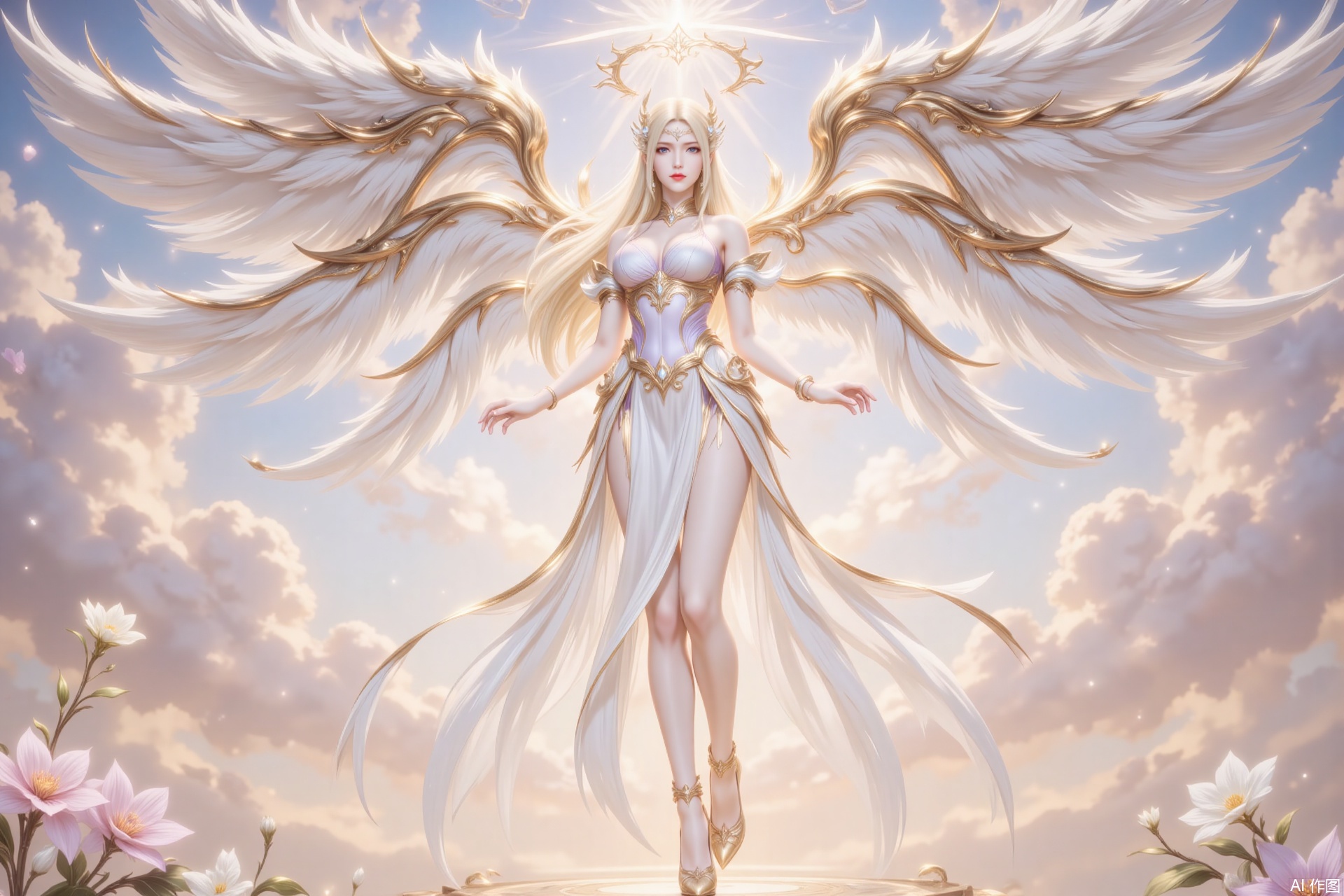 ,qianrenxue,1girl, blonde hair, wings, long hair, breasts, solo, blue eyes, angel wings, halo, flower, angel, dress, cloud, white dress, sky, looking at viewer, full body, jewelry, large breasts, bracelet, high heels, bare shoulders, cleavage, multiple wings,12,cover,gradient background,close-up details,outstanding style,adding a touch of dimension to your images without compromising details,close-up,,lvjing,,luxueqi,
