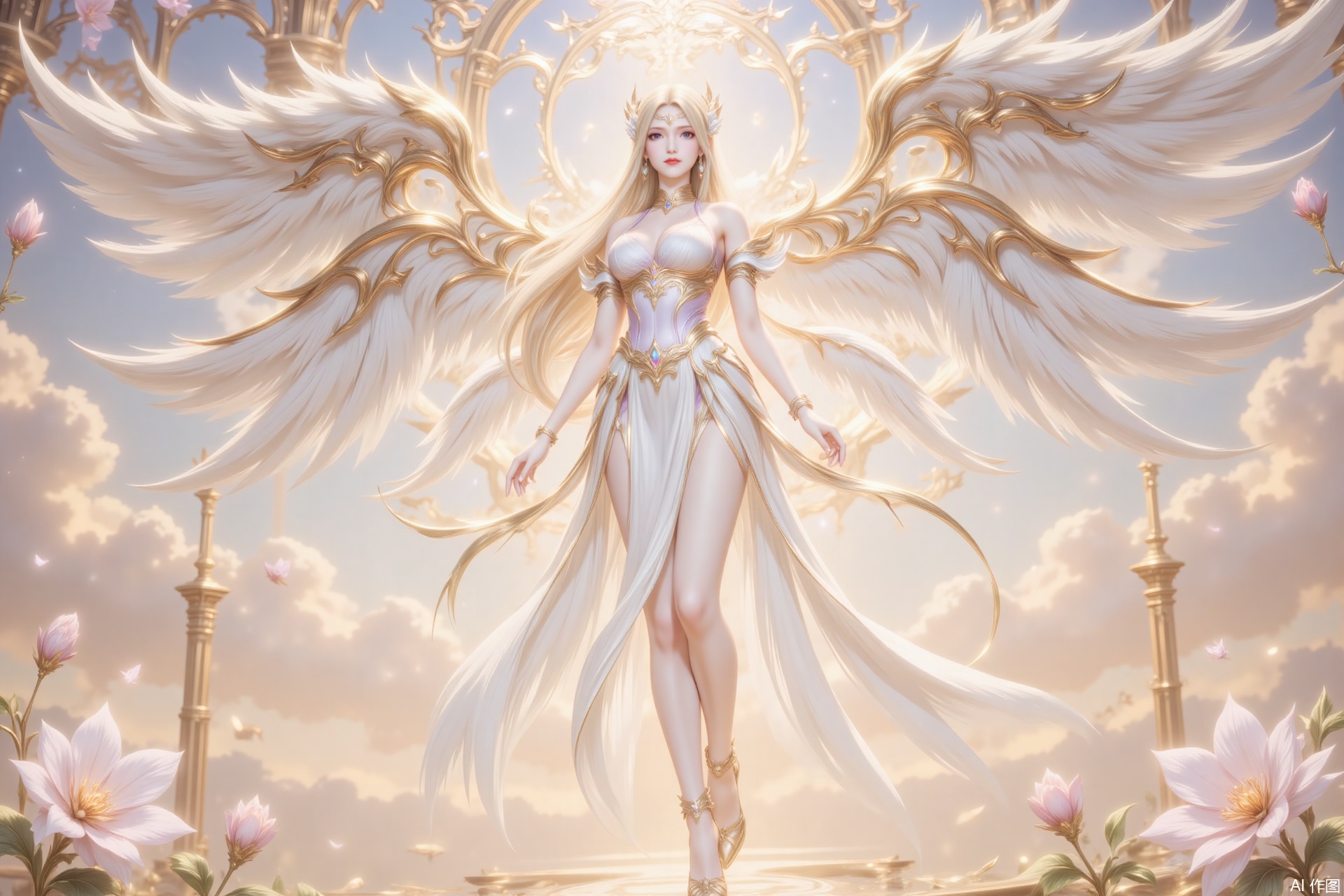 ,qianrenxue,1girl, blonde hair, wings, long hair, breasts, solo, blue eyes, angel wings, halo, flower, angel, dress, cloud, white dress, sky, looking at viewer, full body, jewelry, large breasts, bracelet, high heels, bare shoulders, cleavage, multiple wings,12,cover,gradient background,close-up details,outstanding style,adding a touch of dimension to your images without compromising details,close-up,,lvjing,,luxueqi,