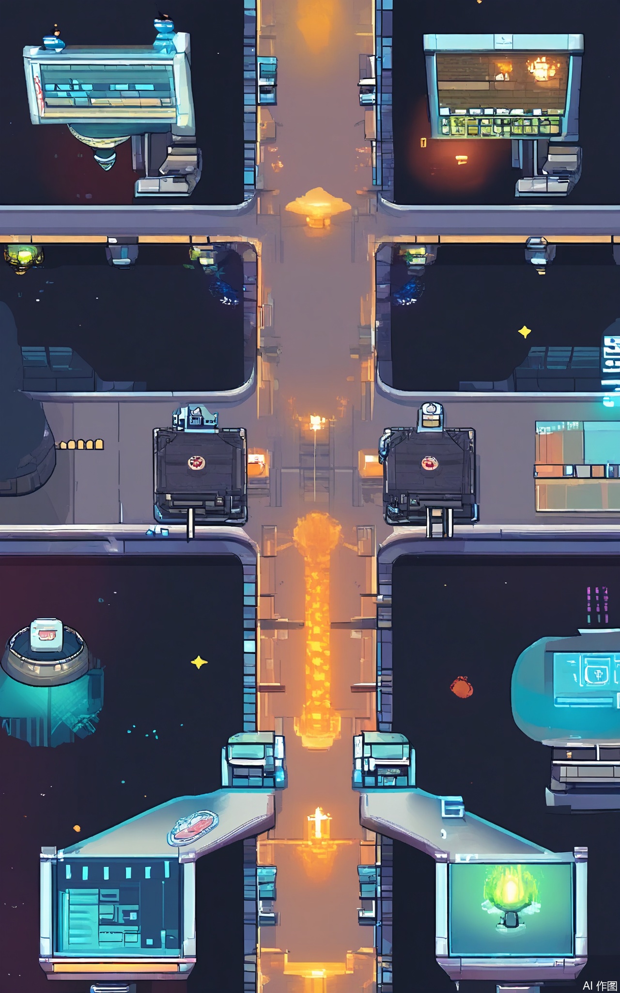 XSCJ, Aerial view of a space - station pixel - art complex at night, with a futuristic and colorful palette. The scene is brimming with pixel - constructed modules, spaceships, and holographic displays. The complex is lit by a bright, neon - like glow, generating a high - tech and energetic ambiance. The buildings have smooth, metallic surfaces and glowing energy panels, some featuring geometric designs. The streets are corridors with moving platforms and robotic workers, their lights adding to the dazzling display. The overall aesthetic is sleek and futuristic, with a focus on symmetry and balance.





















