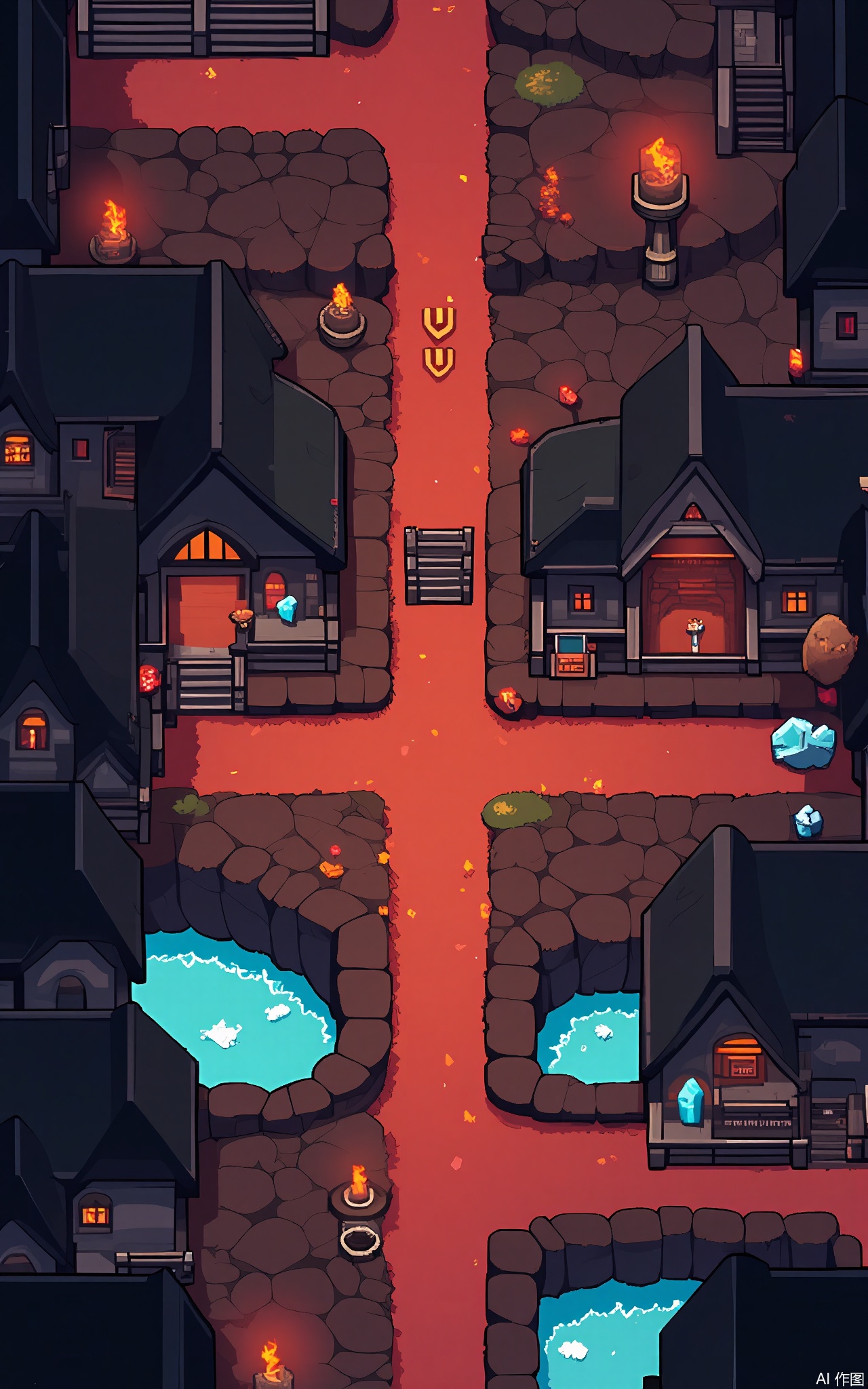 XSCJ,
Aerial view of a volcanic - island pixel - art village at night, with a warm, red - and - orange color scheme. The scene is filled with pixel - built lava - resistant huts, hot springs, and volcanic rock formations. The village is illuminated by the glow of the lava and torches, creating a fiery and adventurous ambiance. The buildings are made of volcanic rock and thatch, with some decorated with glowing crystals. The streets are paths of lava rock and sand, with small blacksmith and mining stalls glowing with a soft light. The overall aesthetic is rugged and volcanic, with a focus on symmetry and balance.


















