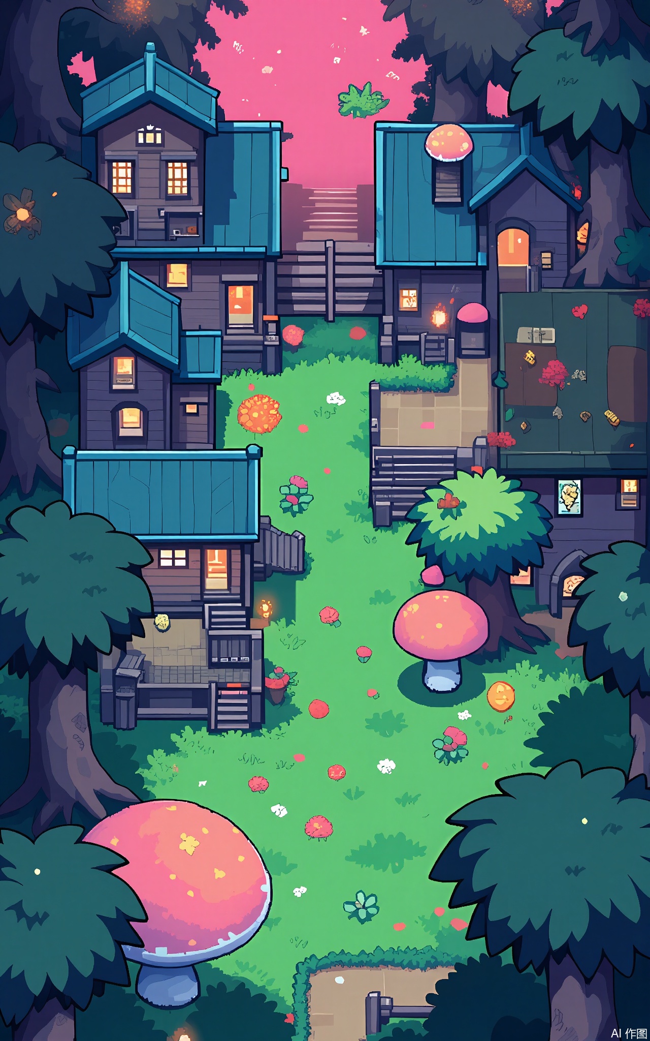 XSCJ,
Aerial view of a fairy - tale pixel - art forest village at night, with a pastel and magical color palette. The scene is brimming with pixel - created tree - houses, mushroom cottages, and glowing fireflies. The village is illuminated by a soft, fairy - like glow, generating a whimsical and enchanting ambiance. The buildings are made of wood and bark, with some decorated with flowers and vines. The streets are paths of moss and leaves, with small fairy - sized shops and stalls glowing with various colors. The overall aesthetic is charming and idyllic, with a sense of harmony and balance.





