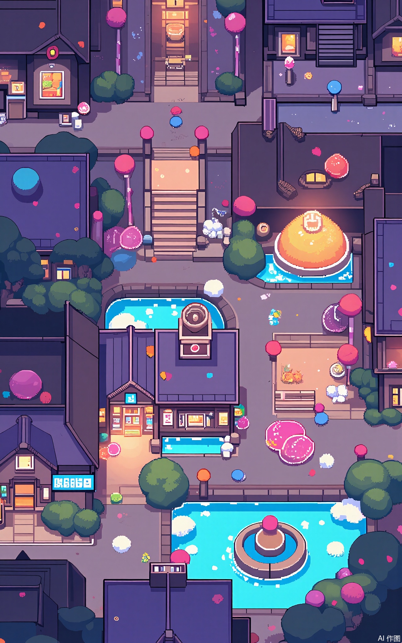 XSCJ,
Aerial view of a candy - land pixel - art village at night, with a bright and sugary color palette. The scene is packed with pixel - made gingerbread houses, lollipop trees, and chocolate fountains. The village is illuminated by a soft, candy - like glow, generating a sweet and playful ambiance. The buildings are made of candy and frosting, with some decorated with sprinkles and candies. The streets are paths of marshmallows and gummy bears, with small candy shops and stalls glowing with various colors. The overall aesthetic is whimsical and delicious, with a focus on symmetry and balance.










