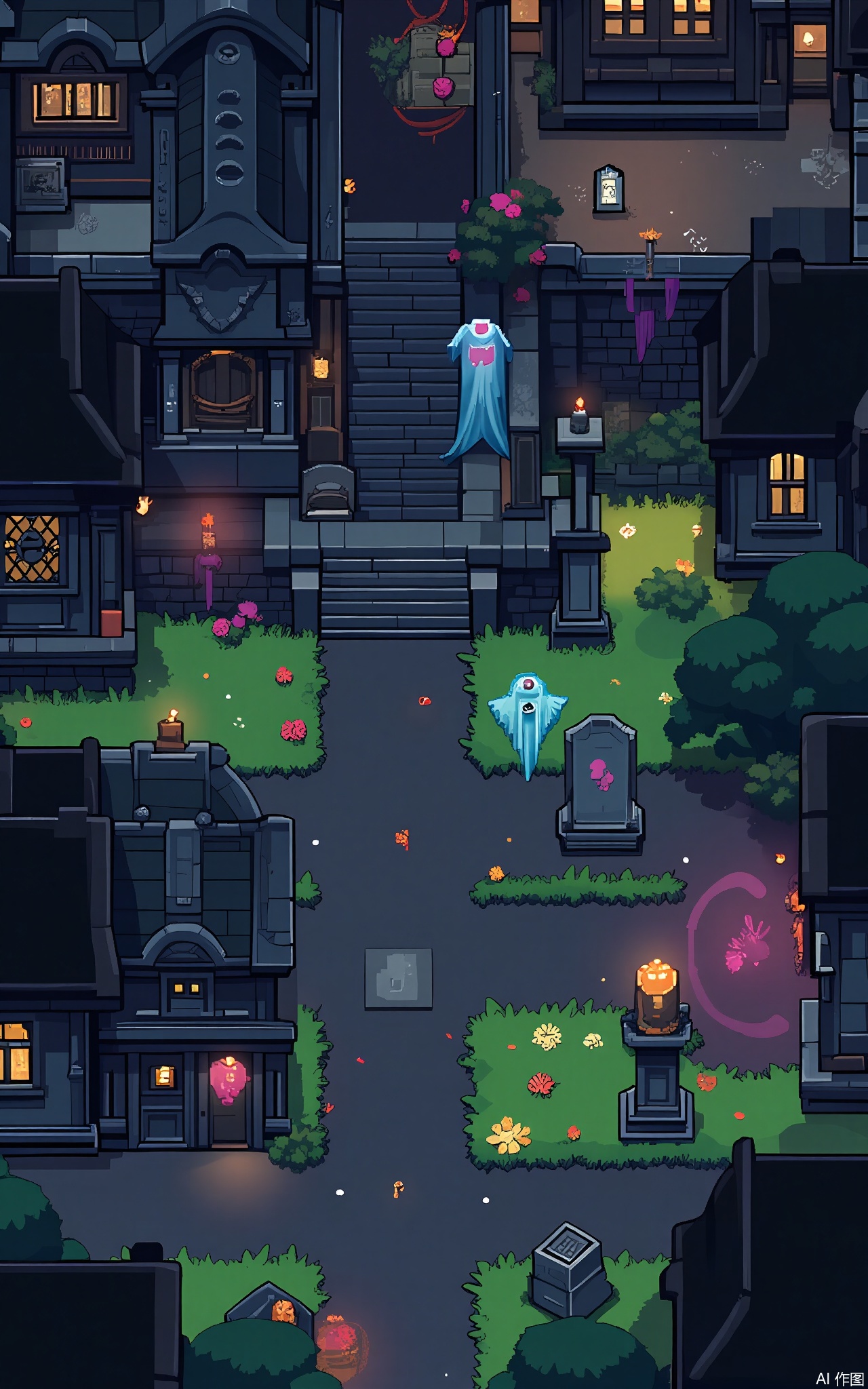XSCJ,
Aerial view of a haunted - mansion pixel - art estate at night, with a dark and eerie color scheme. The scene is filled with pixel - built mansions, graveyards, and ghostly apparitions. The estate is illuminated by flickering candles and moonlight, creating a spooky and mysterious atmosphere. The buildings have crumbling walls and crooked roofs, some with cobwebs and broken windows. The streets are lined with tombstones and haunted trees, with small occult shops and séance rooms glowing with a soft light. The overall aesthetic is creepy and atmospheric, with a focus on symmetry and balance.
















