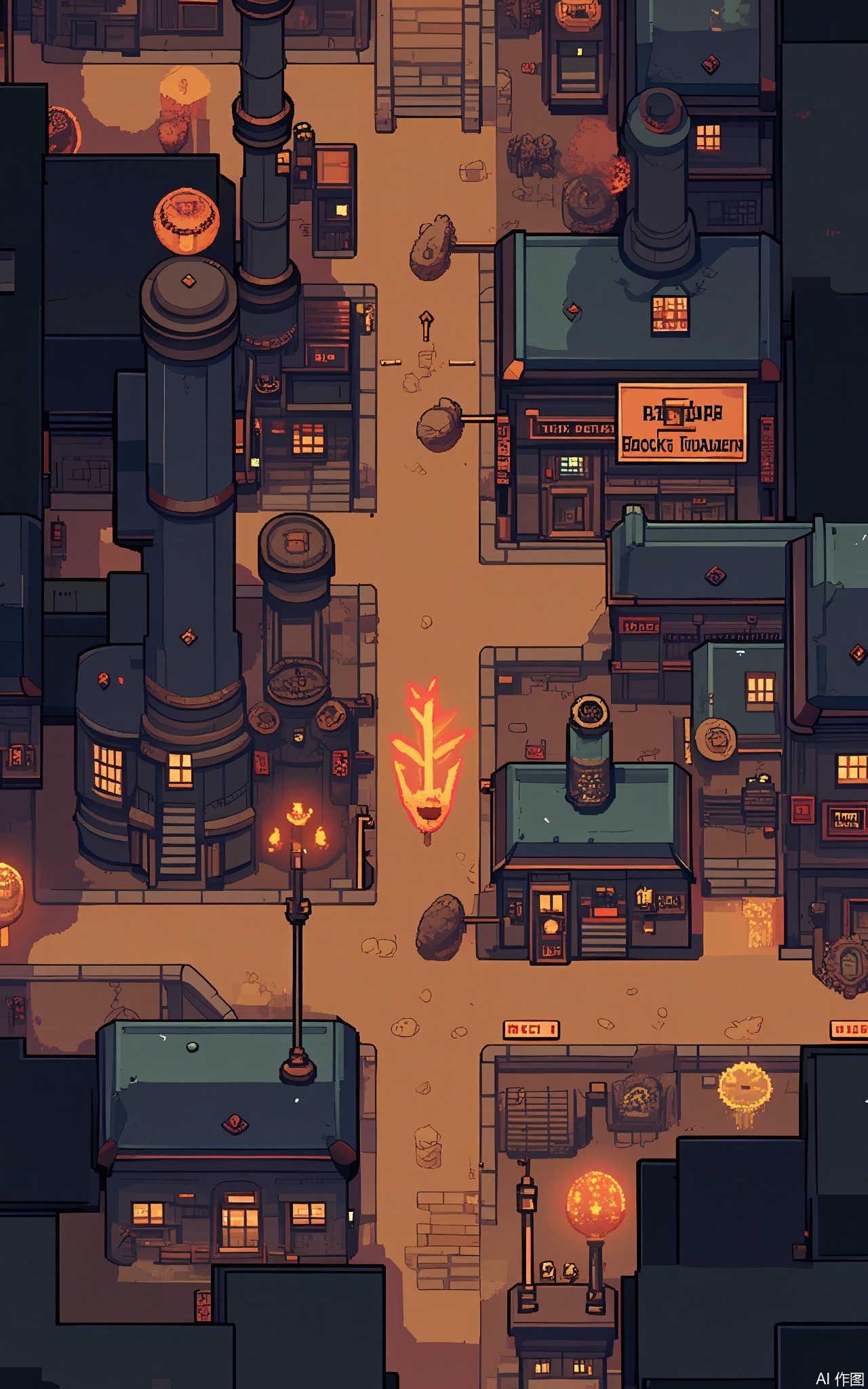 XSCJ,
Aerial view of a steampunk pixel - art industrial town at night, with a warm, copper - and - brass color scheme. The scene is filled with pixel - constructed factories, steam - powered machines, and airships. The town is bathed in a soft, golden glow from the factory chimneys and street lamps, creating a cozy and industrious atmosphere. The buildings have large gears and pipes on the exterior, with some featuring ornate metalwork. The streets are lined with workshops and supply stores, their signs glowing with a warm light. The overall aesthetic is robust and mechanical, with a focus on symmetry and balance.




