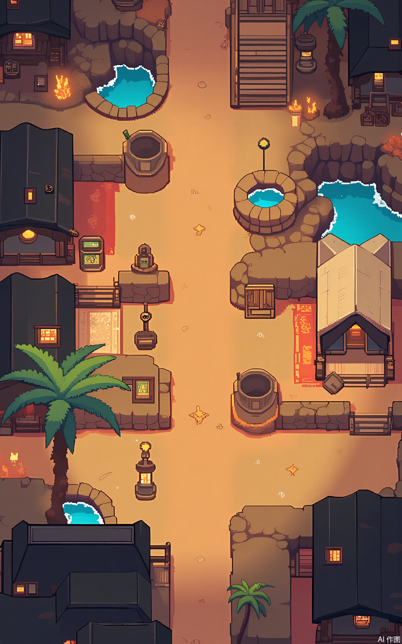 XSCJ,
Aerial view of a desert - oasis pixel - art village at night, with a warm, sand - toned color scheme. The scene is filled with pixel - constructed tents, palm - tree houses, and water wells. The village is illuminated by lanterns and campfires, creating a peaceful and inviting atmosphere. The buildings are made of cloth and wood, with some decorated with colorful rugs and tapestries. The streets are paths of sand and stones, with small market stalls and camel pens glowing with a soft light. The overall aesthetic is arid yet serene, with a sense of harmony and balance.











