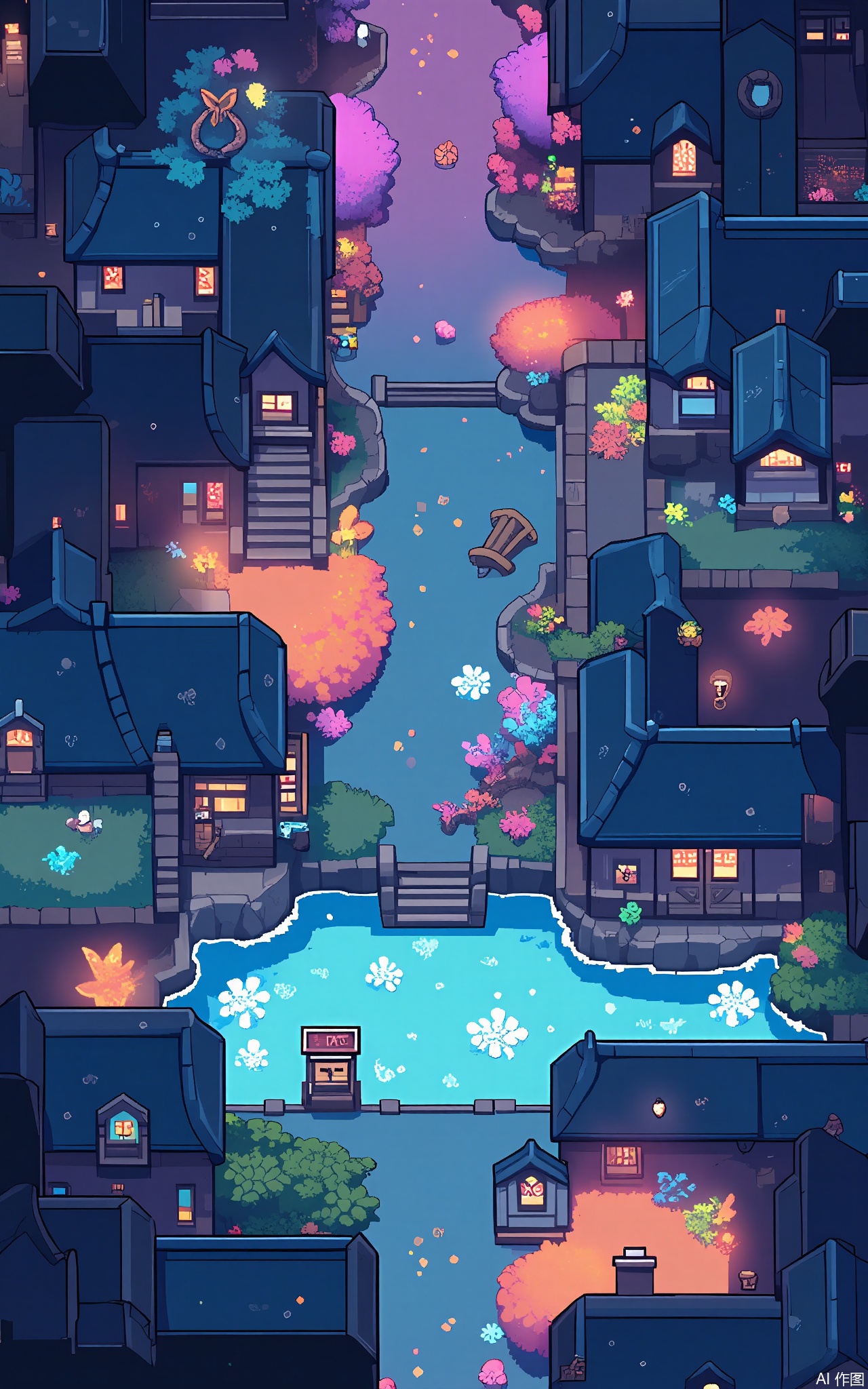 XSCJ,
Aerial view of an underwater pixel - art village at night, with a shimmering and colorful palette. The scene is brimming with pixel - made coral houses, seaweed gardens, and bioluminescent creatures. The village is lit by a soft, aquatic glow, producing a serene and dreamy atmosphere. The buildings have rounded shapes and are made of coral and shells, some with intricate patterns and textures. The streets are paths of sand and seaweed, with small sea - creature vendors and shops glowing with various hues. The overall aesthetic is magical and tranquil, with a sense of harmony and balance.



