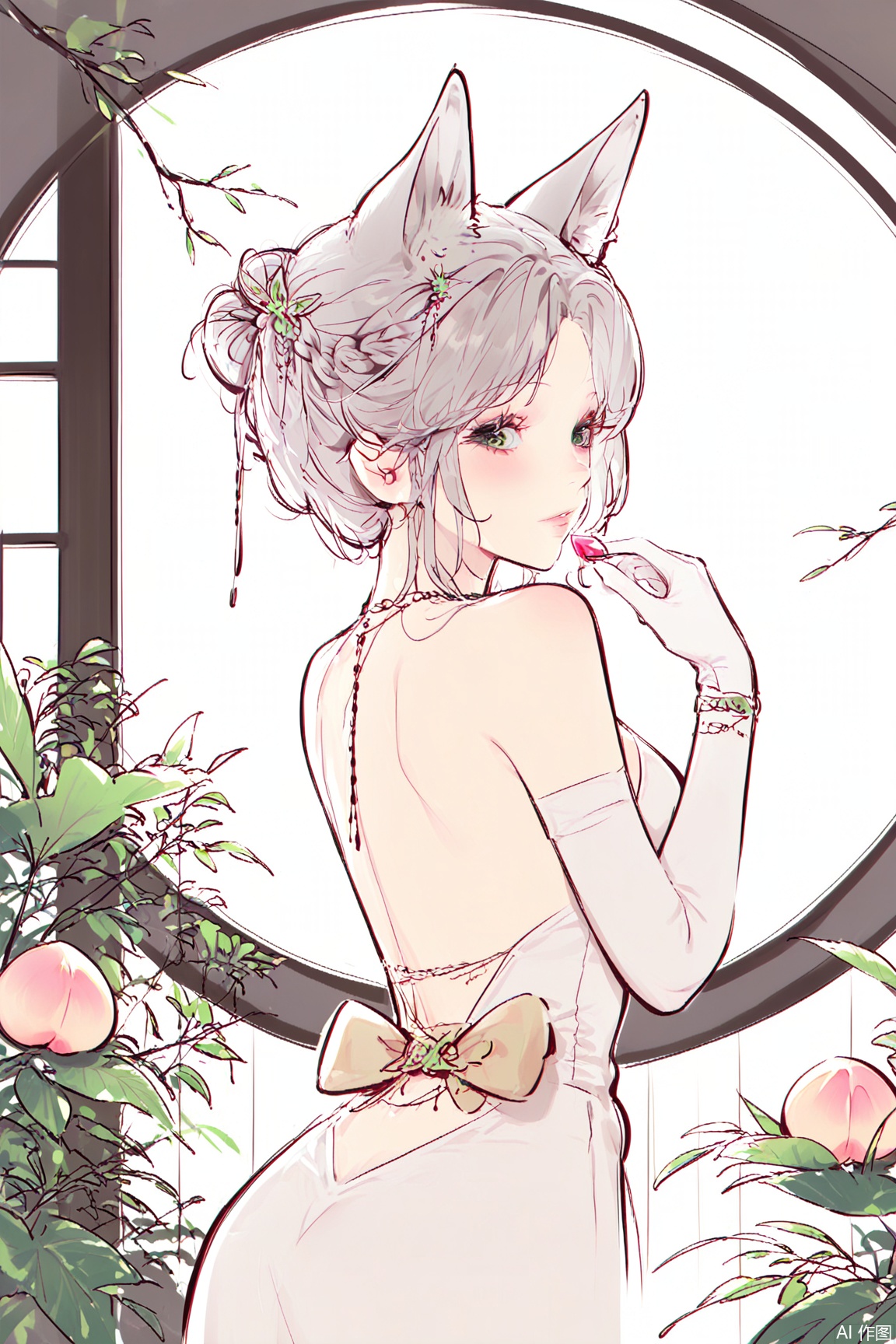 strong impression,,lineart,Masterpiece, best quality, newest, year 2024, year 2023, very aesthetic, extreme aesthetic, visual impact,1girl, animal ears, bird, fruit, gloves, looking at viewer, food, elbow gloves, white gloves, solo, parted lips, breasts, looking back, beads, fox ears, dress, hair ornament, jewelry, branch, bare shoulders, from behind, gauntlets, grey hair, holding, bangs, bracelet, backless outfit, back bow, back, bare back, blush, large breasts, single hair bun, white dress, copyright name, green eyes, leaf, hair bun, gem, eyelashes, backless dress, animal ear fluff, fox girl, parted bangs, braid, plant, peach