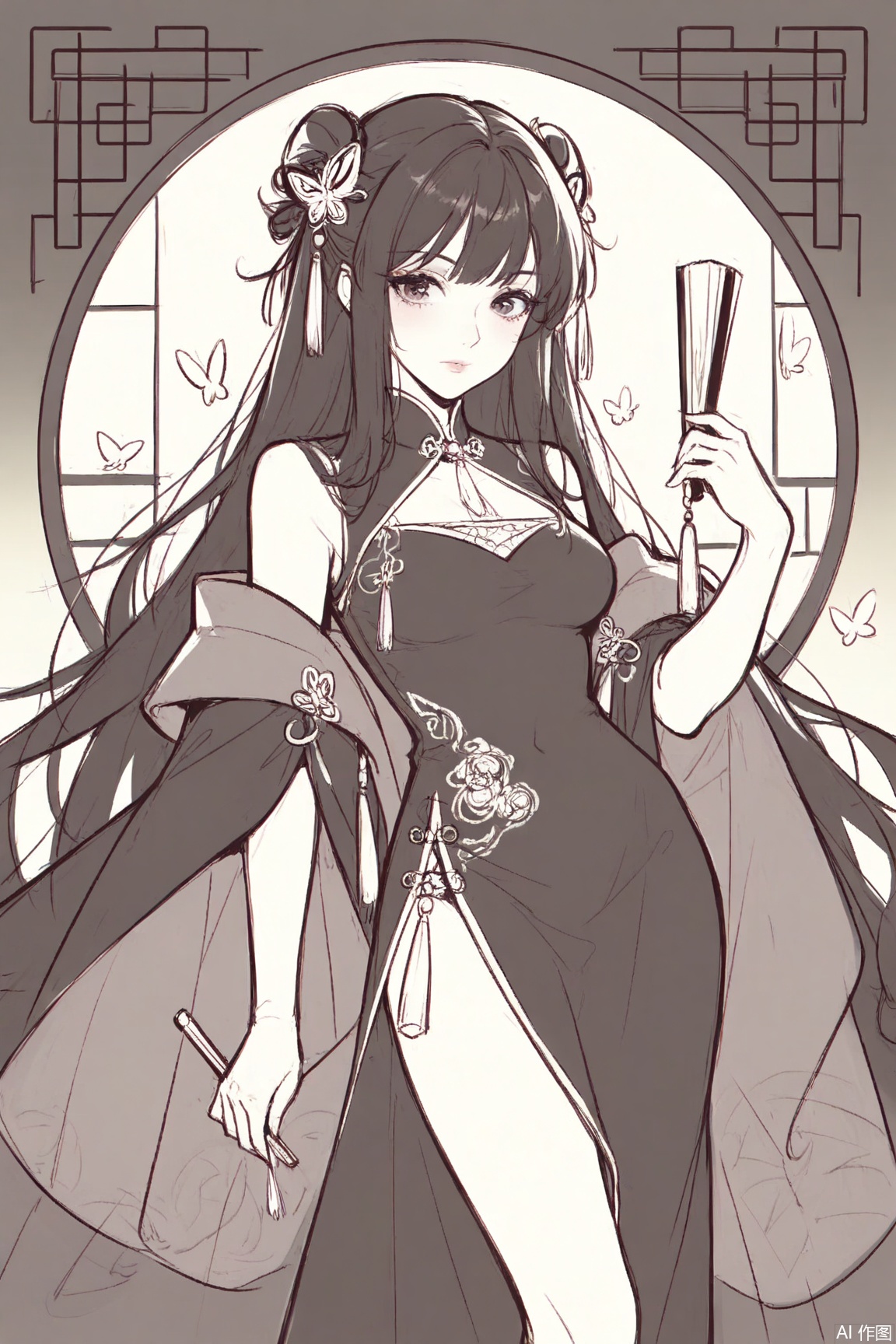 strong impression,Masterpiece, best quality, newest, year 2024, year 2023, very aesthetic, extreme aesthetic, visual impact, ultra-high resolution,  1girl,solo,long hair,butterfly,dress,holding hand fan,hair ornament,dress,looking at viewer,tassel,a beautiful illustration of a young woman,She has long hair and is dressed in a traditional Chinese outfit,a long skirt,lineart