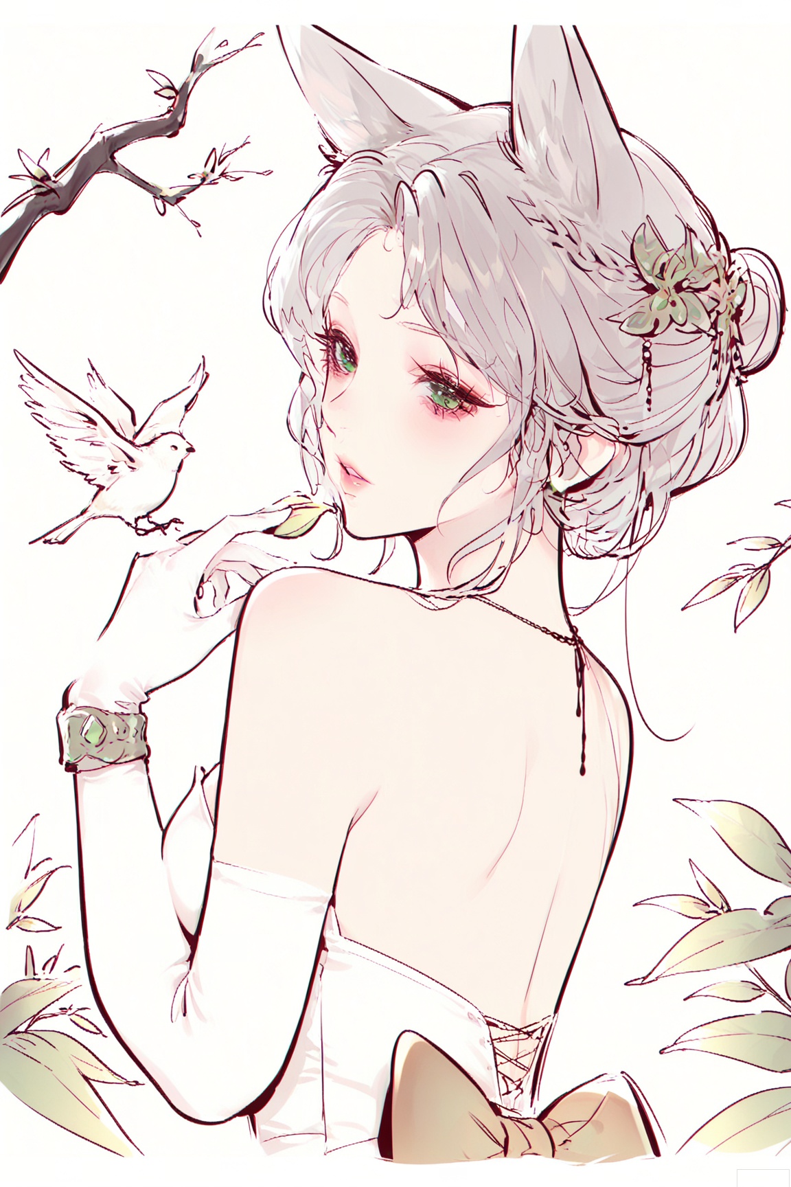 strong impression,,lineart,Masterpiece, best quality, newest, year 2024, year 2023, very aesthetic, extreme aesthetic, visual impact,1girl, animal ears, bird, fruit, gloves, looking at viewer, food, elbow gloves, white gloves, solo, parted lips, breasts, looking back, beads, fox ears, dress, hair ornament, jewelry, branch, bare shoulders, from behind, gauntlets, grey hair, holding, bangs, bracelet, backless outfit, back bow, back, bare back, blush, large breasts, single hair bun, white dress, copyright name, green eyes, leaf, hair bun, gem, eyelashes, backless dress, animal ear fluff, fox girl, parted bangs, braid, plant, peach