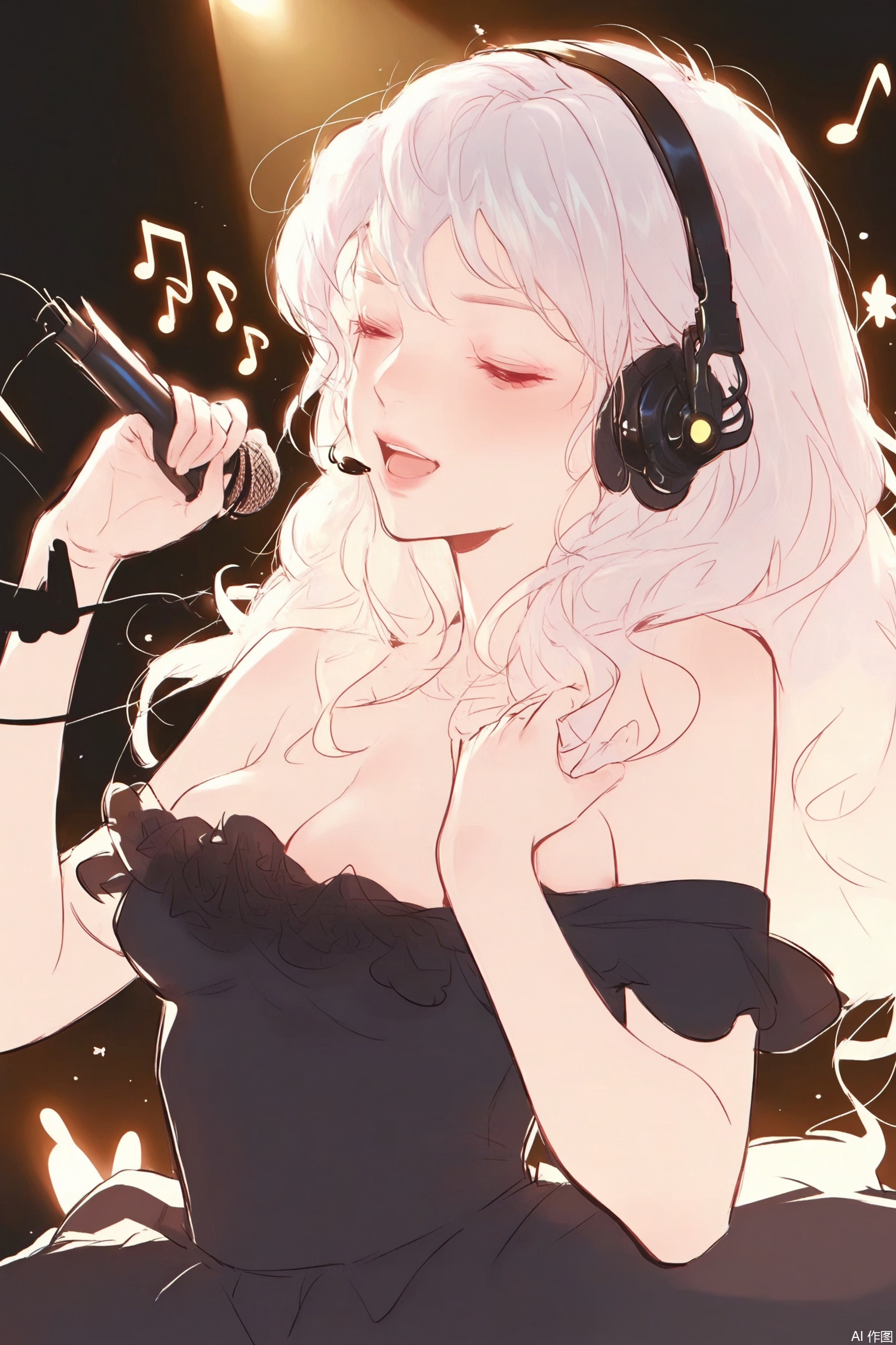 masterpiece, best quality, 
1girl, enjoying, elegant headphones, microphone, singing, studio, musical notes, closed eyes, peaceful, singing, concentration, portrait, expressive eyes, dynamic pose, beautiful, expressive face, one hand holding headset, the other hand holding microphone, frilled dress, black dress, exposed shoulders, parted breast, standing on the stage, under spotlight,art_sket,