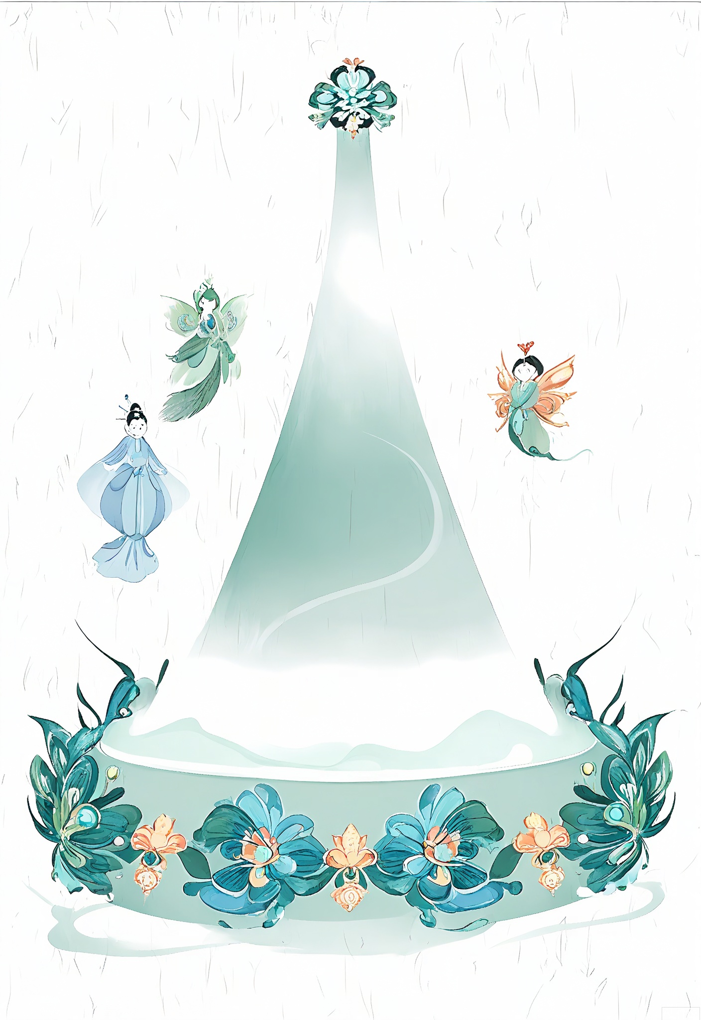 WCCT, A whimsical, surreal illustration of a Chinese hairpin, decorated with colorful peacock feathers and jade beads in shades of blue, green, and white. On the hairpin, there's a small, floating Chinese fairy figure. In the background, stylized flower gardens and ancient Chinese pavilions are bathed in a soft light, evoking a serene, dreamlike landscape. The image is soft and delicate, with a pastel color palette and a dreamy, ethereal quality.




