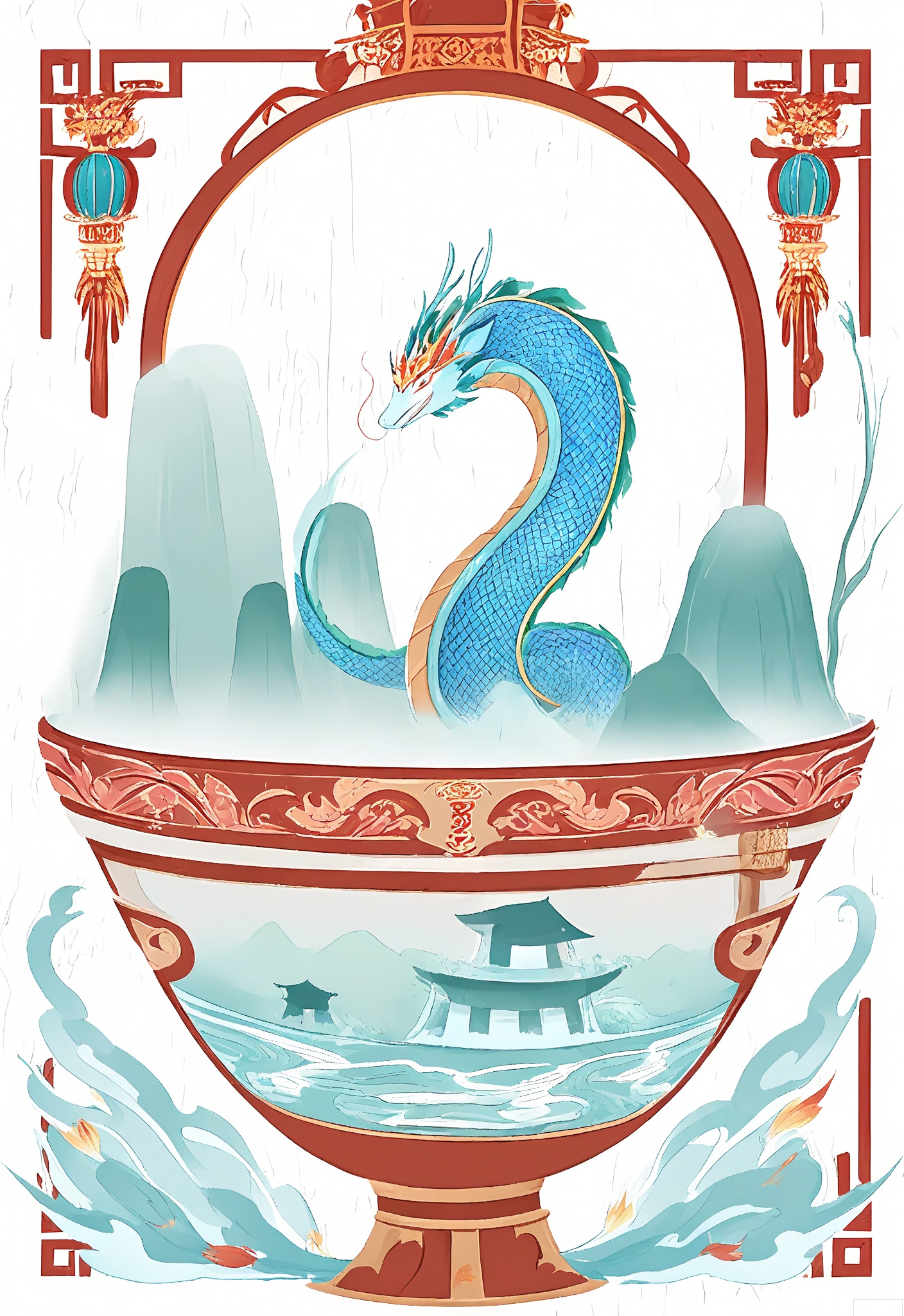 WCCT, A whimsical, surreal illustration of a Chinese chopstick holder, shaped like a Chinese dragon and decorated with colorful scales in shades of green, blue, and red. Inside the holder, there's a small, floating Chinese dragon boat with a team of rowers. In the background, stylized rivers and ancient Chinese water towns rise, evoking a serene, dreamlike landscape. The image is soft and delicate, with a pastel color palette and a dreamy, ethereal quality.


