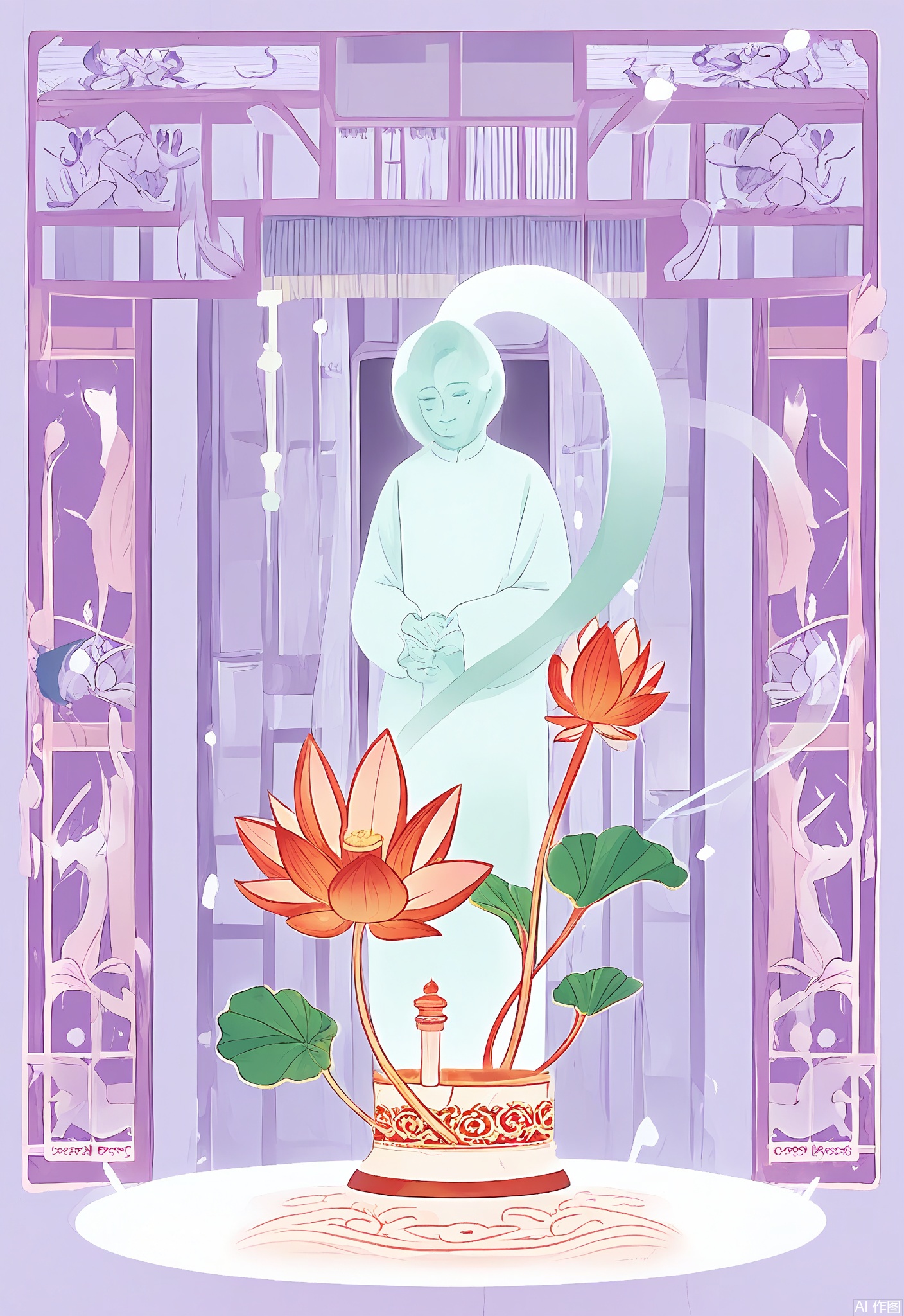 WCCT, A whimsical, surreal illustration of a Chinese candle holder, shaped like a Chinese lotus lantern and decorated with colorful floral patterns in shades of pink, purple, and green. Inside the holder, there's a small, floating Chinese spirit figure. In the background, stylized ancient Chinese gardens and ponds with lotus flowers create a serene, dreamlike atmosphere. The image is soft and delicate, with a pastel color palette and a dreamy, ethereal quality.




