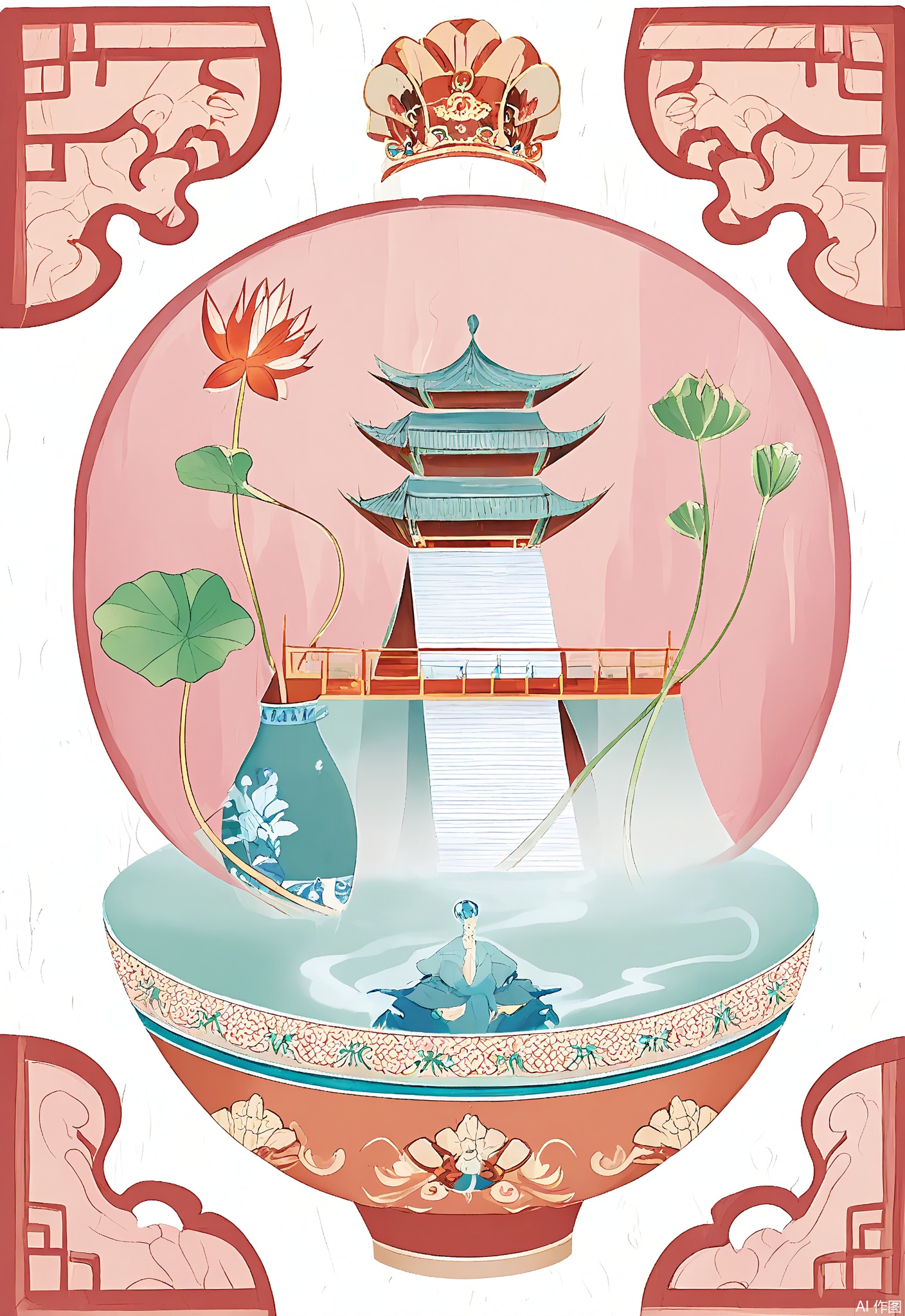 WCCT, A whimsical, surreal illustration of a Chinese porcelain vase, decorated with intricate, colorful lotus patterns in shades of white, pink, and green. Inside the vase, there's a miniature Chinese garden with a small bridge, a koi pond, and a figure sitting on a bench. In the background, stylized mist - covered mountains and traditional Chinese towers rise, evoking a serene, dreamlike landscape. The image is soft and delicate, with a pastel color palette and a dreamy, ethereal quality.


