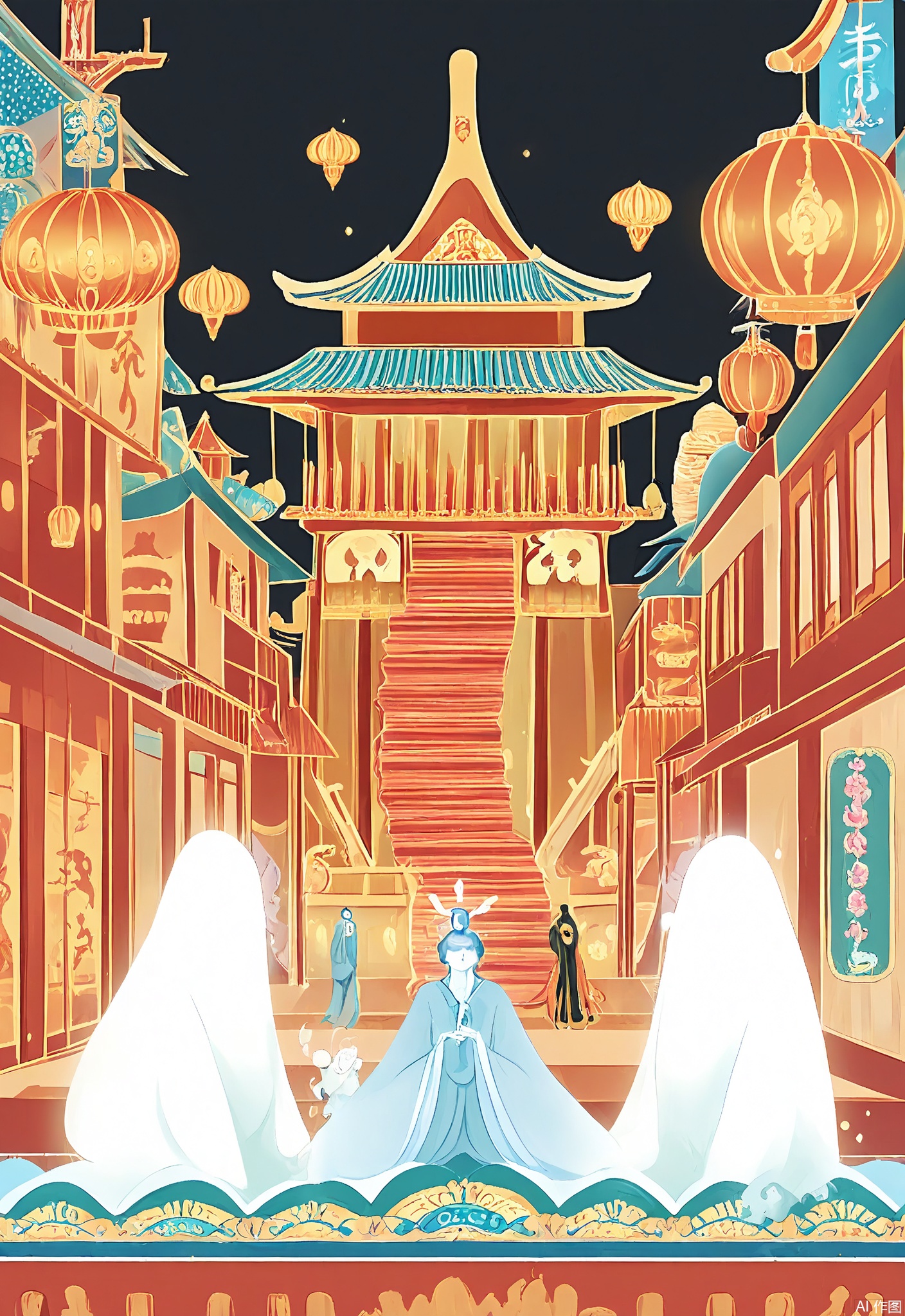 WCCT, A whimsical, surreal illustration of a Chinese fan, its surface painted with colorful images of traditional Chinese opera characters in shades of red, black, and gold. On the fan, there's a tiny stage where the characters seem to be performing a magical act. In the background, stylized ancient Chinese streets and lanterns glow, creating a serene, dreamlike ambiance. The image is soft and delicate, with a pastel color palette and a dreamy, ethereal quality.




