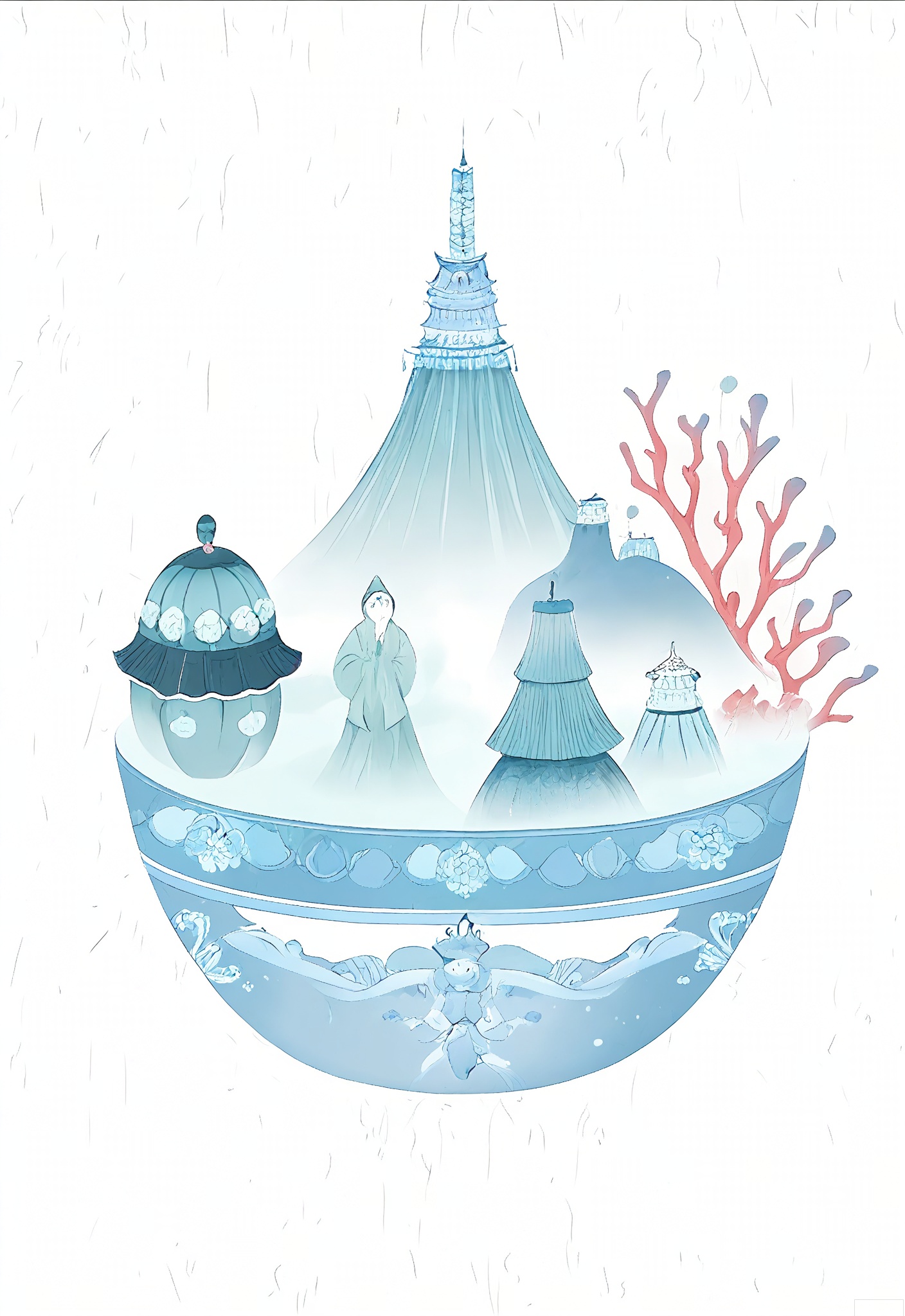 WCCT, A whimsical, surreal illustration of a Chinese soap dish, shaped like a Chinese fish and decorated with colorful wave patterns in shades of blue, white, and silver. Inside the dish, there's a small, floating Chinese mermaid figure. In the background, stylized underwater palaces and coral reefs create a serene, dreamlike landscape. The image is soft and delicate, with a pastel color palette and a dreamy, ethereal quality.


