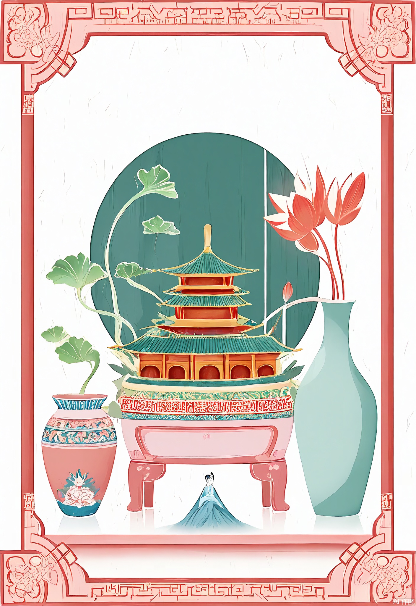WCCT, A whimsical, surreal illustration of a Chinese porcelain vase, decorated with intricate, colorful lotus patterns in shades of white, pink, and green. Inside the vase, there's a miniature Chinese garden with a small bridge, a koi pond, and a figure sitting on a bench. In the background, stylized mist - covered mountains and traditional Chinese towers rise, evoking a serene, dreamlike landscape. The image is soft and delicate, with a pastel color palette and a dreamy, ethereal quality.




