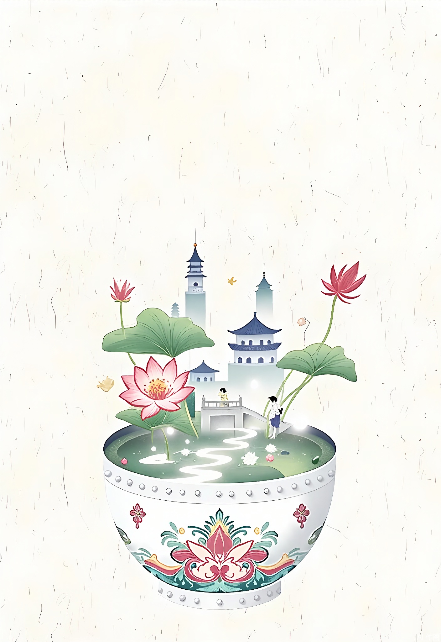 WCCT,
A whimsical, surreal illustration of a Chinese porcelain vase, decorated with intricate, colorful lotus patterns in shades of white, pink, and green. Inside the vase, there's a miniature Chinese garden with a small bridge, a koi pond, and a figure sitting on a bench. In the background, stylized mist - covered mountains and traditional Chinese towers rise, evoking a serene, dreamlike landscape. The image is soft and delicate, with a pastel color palette and a dreamy, ethereal quality.



