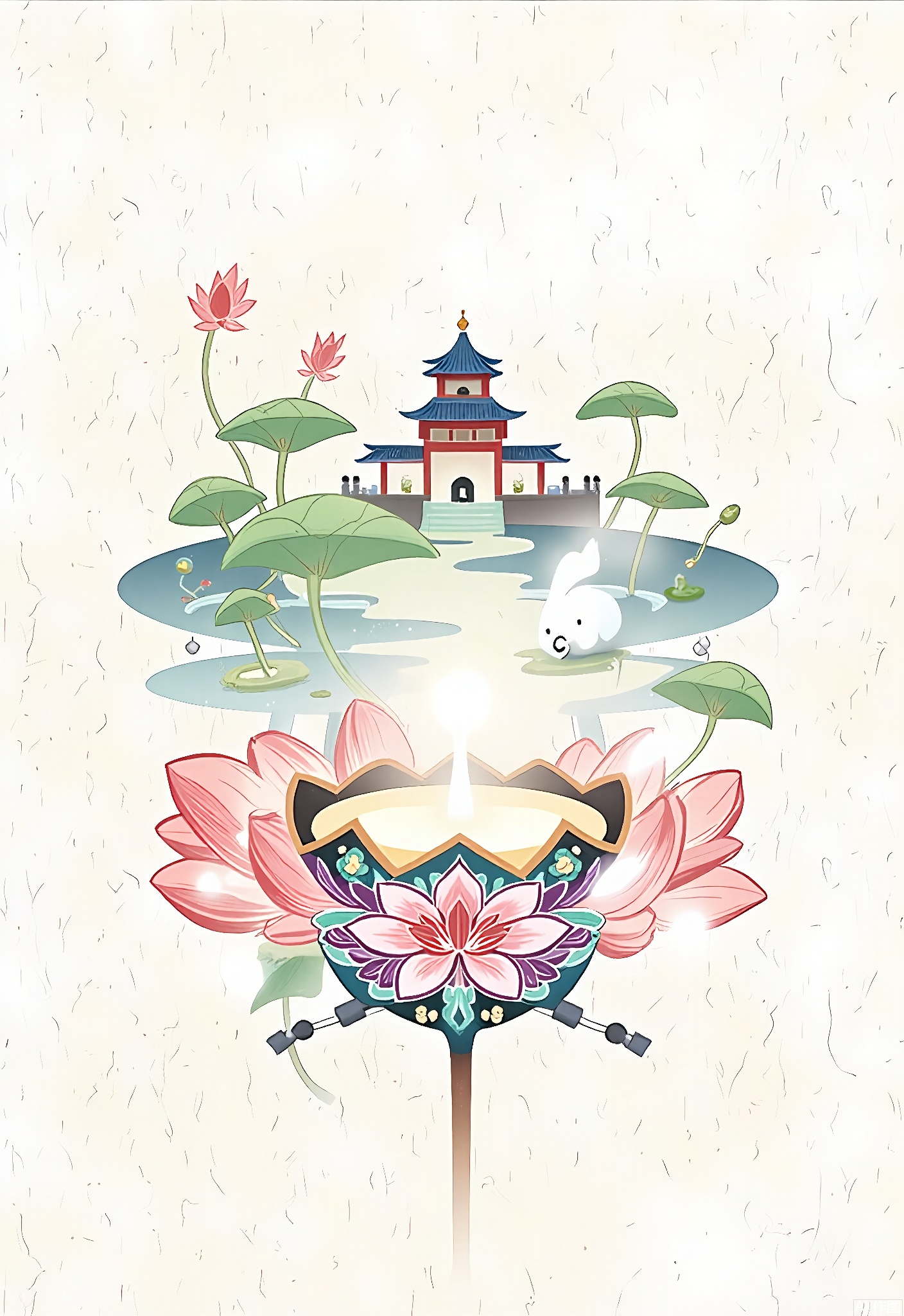 WCCT,
A whimsical, surreal illustration of a Chinese candle holder, shaped like a Chinese lotus lantern and decorated with colorful floral patterns in shades of pink, purple, and green. Inside the holder, there's a small, floating Chinese spirit figure. In the background, stylized ancient Chinese gardens and ponds with lotus flowers create a serene, dreamlike atmosphere. The image is soft and delicate, with a pastel color palette and a dreamy, ethereal quality.














