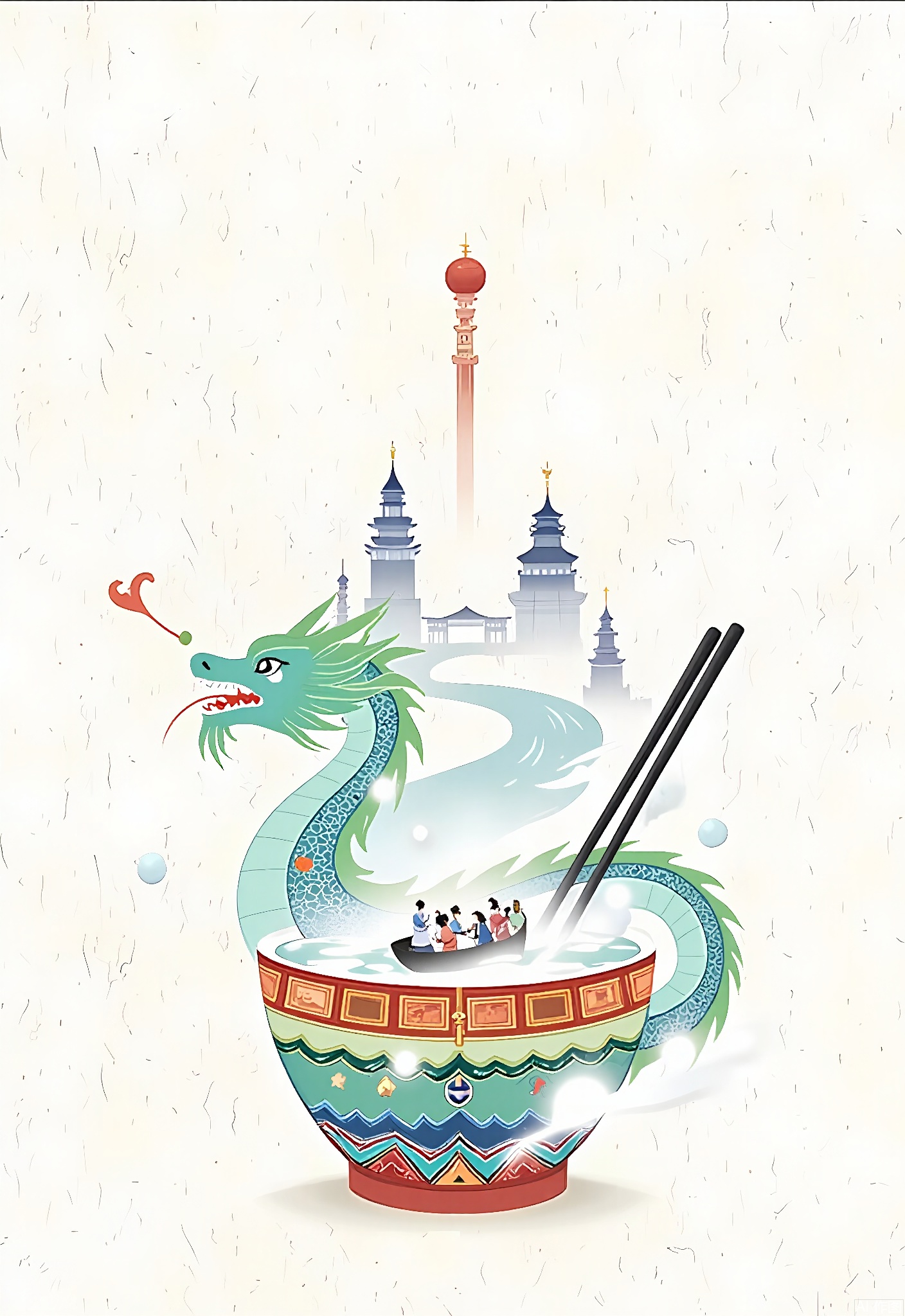WCCT,
A whimsical, surreal illustration of a Chinese chopstick holder, shaped like a Chinese dragon and decorated with colorful scales in shades of green, blue, and red. Inside the holder, there's a small, floating Chinese dragon boat with a team of rowers. In the background, stylized rivers and ancient Chinese water towns rise, evoking a serene, dreamlike landscape. The image is soft and delicate, with a pastel color palette and a dreamy, ethereal quality.







