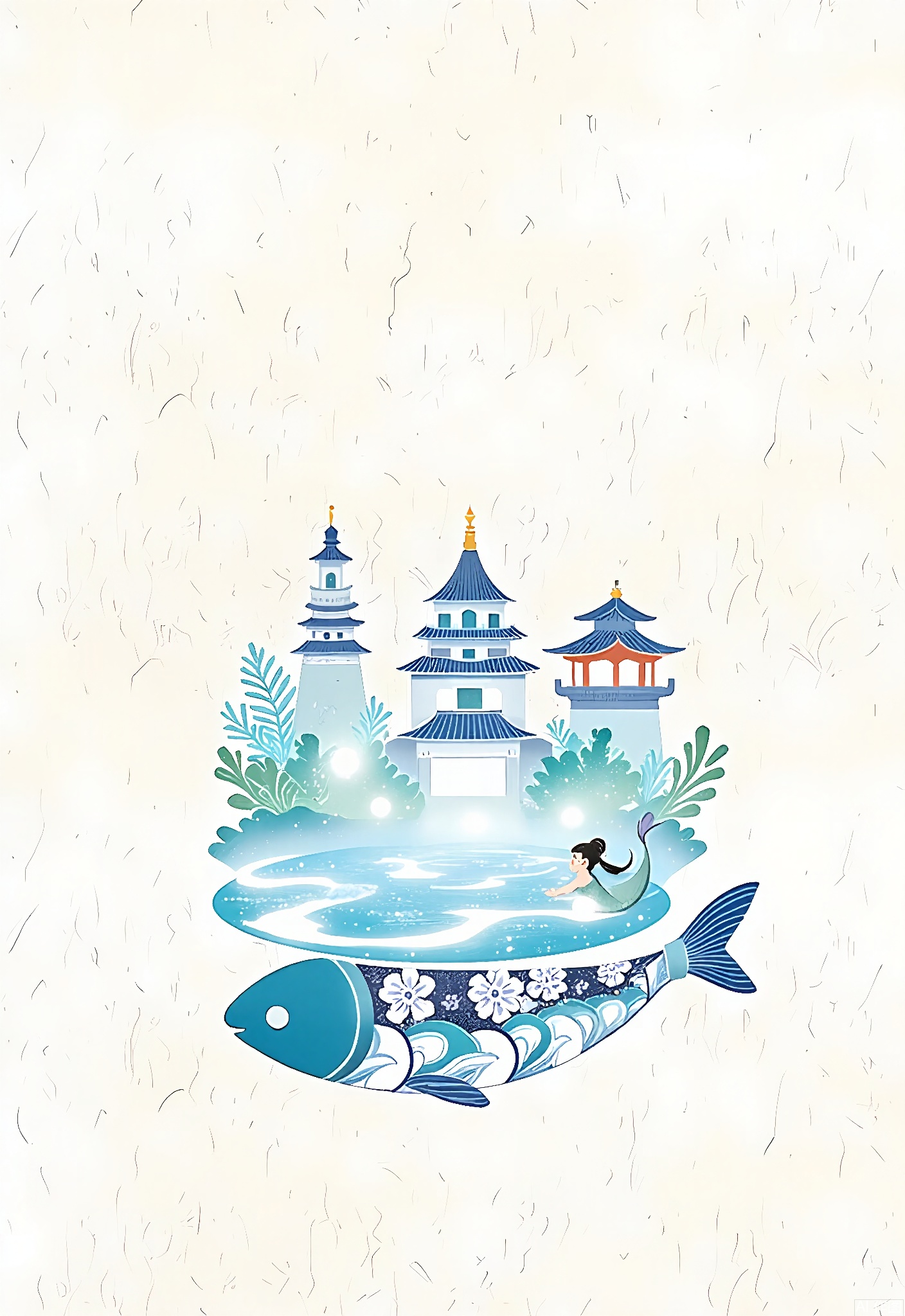 WCCT,
A whimsical, surreal illustration of a Chinese soap dish, shaped like a Chinese fish and decorated with colorful wave patterns in shades of blue, white, and silver. Inside the dish, there's a small, floating Chinese mermaid figure. In the background, stylized underwater palaces and coral reefs create a serene, dreamlike landscape. The image is soft and delicate, with a pastel color palette and a dreamy, ethereal quality.











