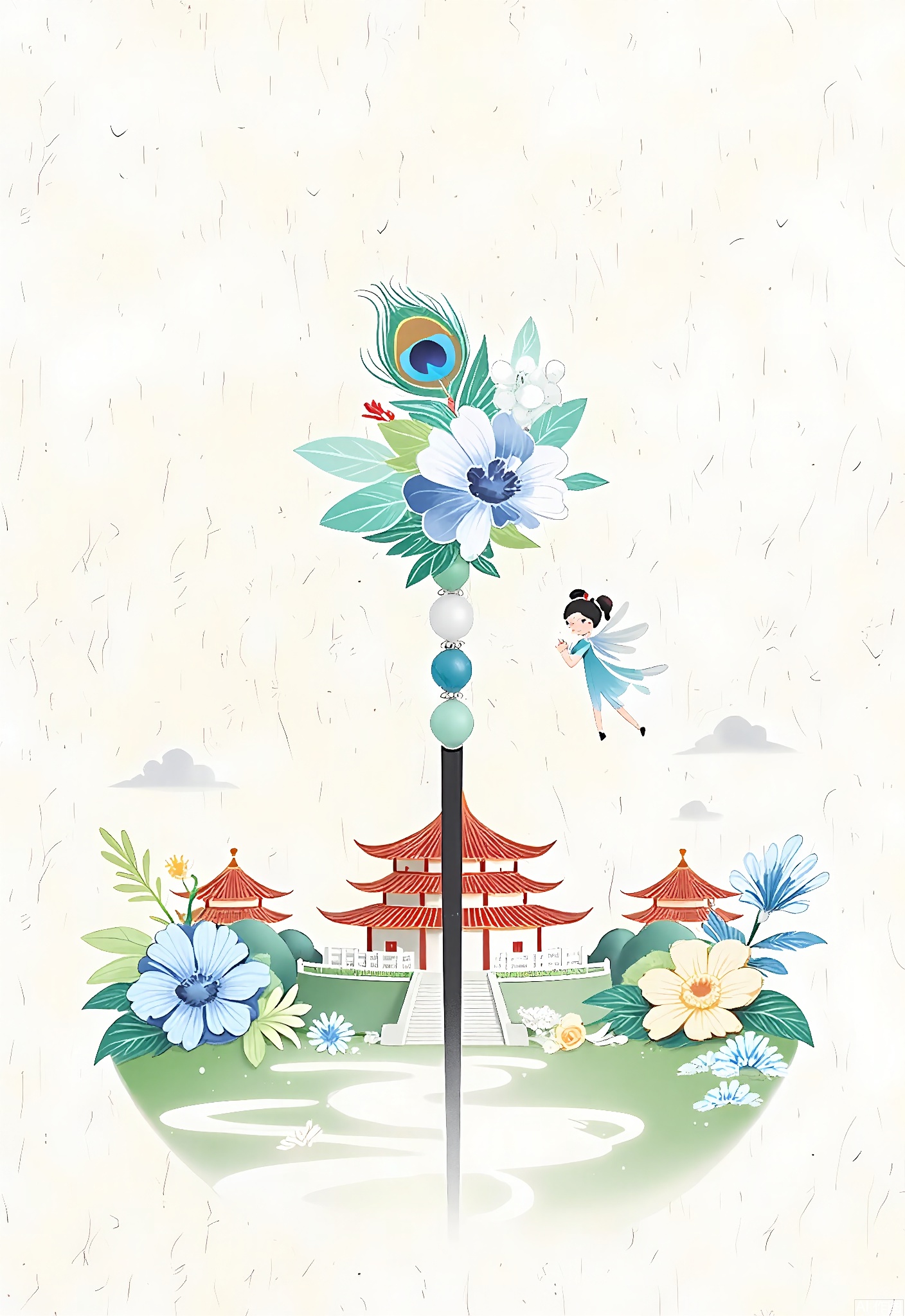WCCT,
A whimsical, surreal illustration of a Chinese hairpin, decorated with colorful peacock feathers and jade beads in shades of blue, green, and white. On the hairpin, there's a small, floating Chinese fairy figure. In the background, stylized flower gardens and ancient Chinese pavilions are bathed in a soft light, evoking a serene, dreamlike landscape. The image is soft and delicate, with a pastel color palette and a dreamy, ethereal quality.









