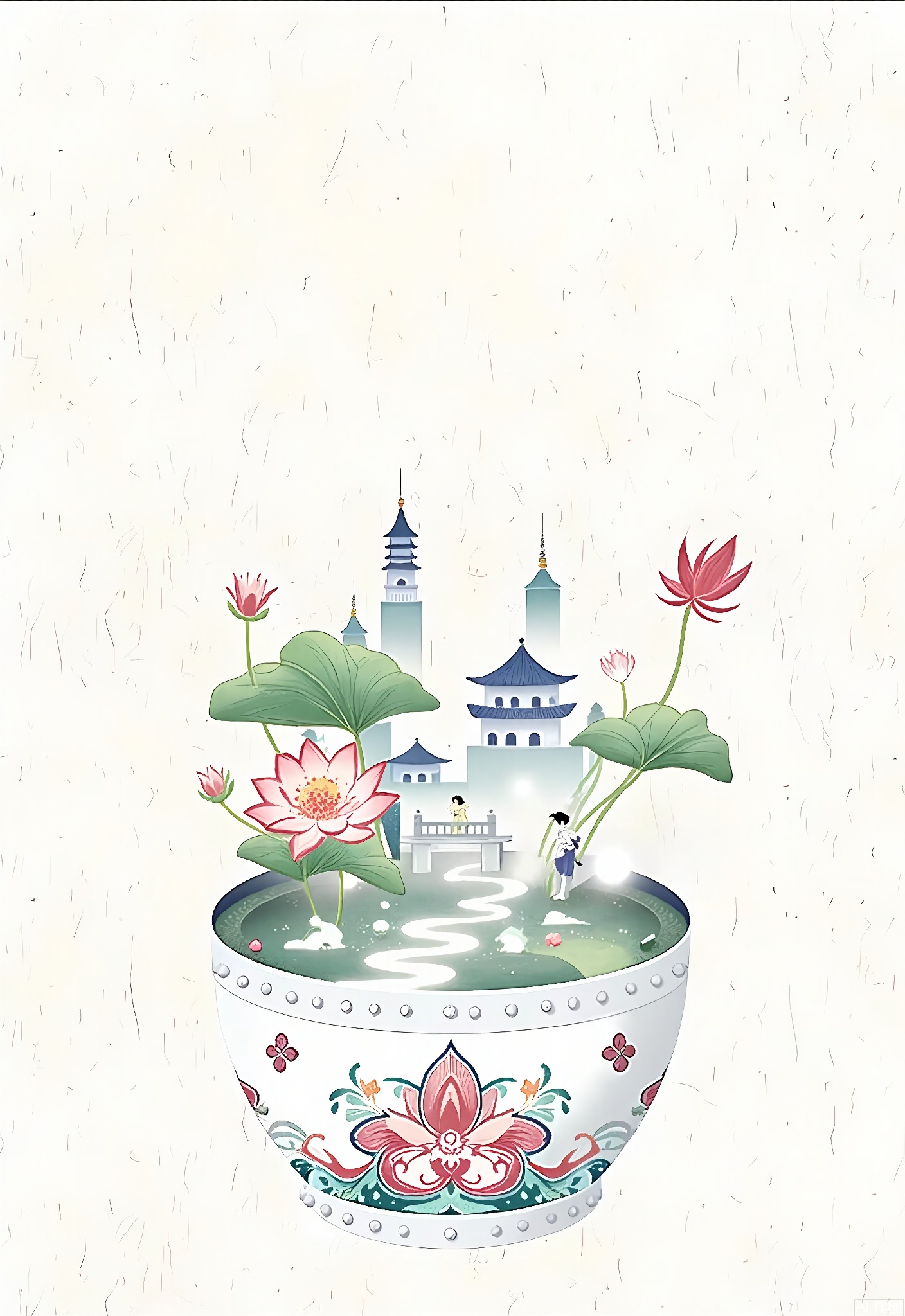 WCCT,
A whimsical, surreal illustration of a Chinese porcelain vase, decorated with intricate, colorful lotus patterns in shades of white, pink, and green. Inside the vase, there's a miniature Chinese garden with a small bridge, a koi pond, and a figure sitting on a bench. In the background, stylized mist - covered mountains and traditional Chinese towers rise, evoking a serene, dreamlike landscape. The image is soft and delicate, with a pastel color palette and a dreamy, ethereal quality.



