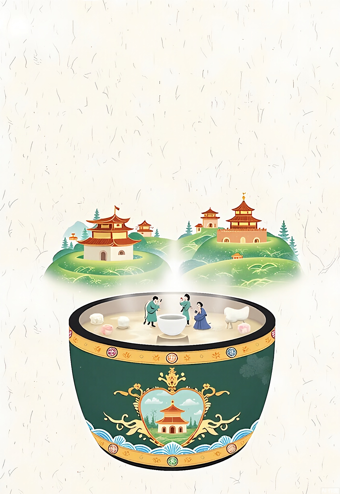 WCCT,
A whimsical, surreal illustration of a Chinese tea - caddy, its surface engraved with colorful images of Chinese tea - picking scenes in shades of green, yellow, and brown. Inside the caddy, there's a tiny tea - tasting ceremony with a group of figures. In the background, stylized tea plantations and traditional Chinese tea houses dot the landscape, creating a serene, dreamlike ambiance. The image is soft and delicate, with a pastel color palette and a dreamy, ethereal quality.








