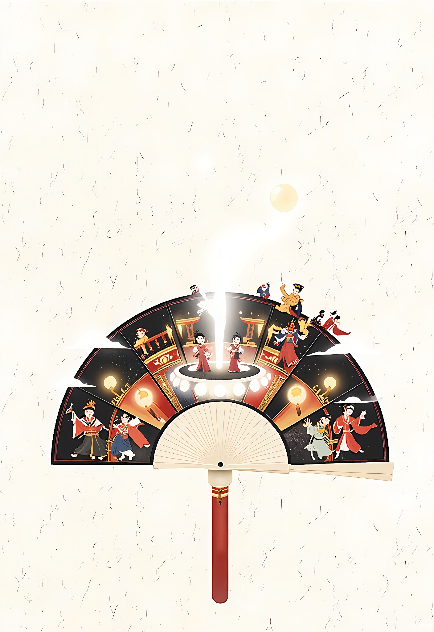 WCCT,
A whimsical, surreal illustration of a Chinese fan, its surface painted with colorful images of traditional Chinese opera characters in shades of red, black, and gold. On the fan, there's a tiny stage where the characters seem to be performing a magical act. In the background, stylized ancient Chinese streets and lanterns glow, creating a serene, dreamlike ambiance. The image is soft and delicate, with a pastel color palette and a dreamy, ethereal quality.




