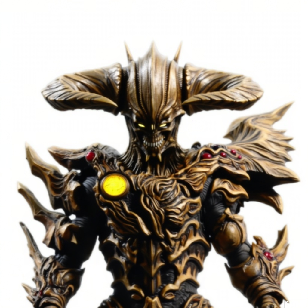 masterpiece, best quality,solo,(white background:1.2),simple background,
looking at viewer,horns,gloves,armor,spikes,weapon,full armor,helmet,mask,cover,gauntlets,shoulder armor,breastplate,monster,armor,helmet,tokusatsu,no humans,science fiction,hard mask,no smile,no eyes,no nose,rubber bodysuit with line,alien