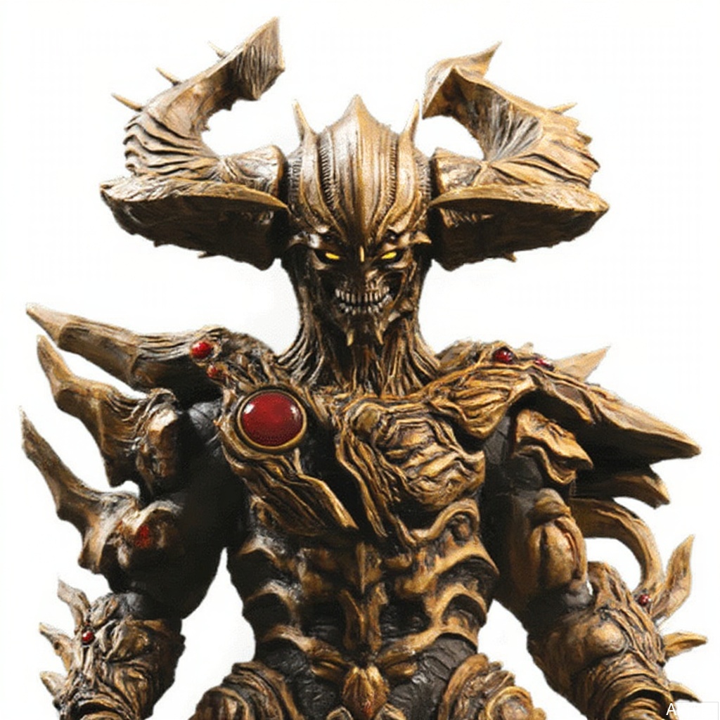 masterpiece, best quality,solo,(white background:1.2),simple background,
looking at viewer,horns,gloves,armor,spikes,weapon,full armor,helmet,mask,cover,gauntlets,shoulder armor,breastplate,monster,armor,helmet,tokusatsu,no humans,science fiction,hard mask,no smile,no eyes,no nose,rubber bodysuit with line,alien