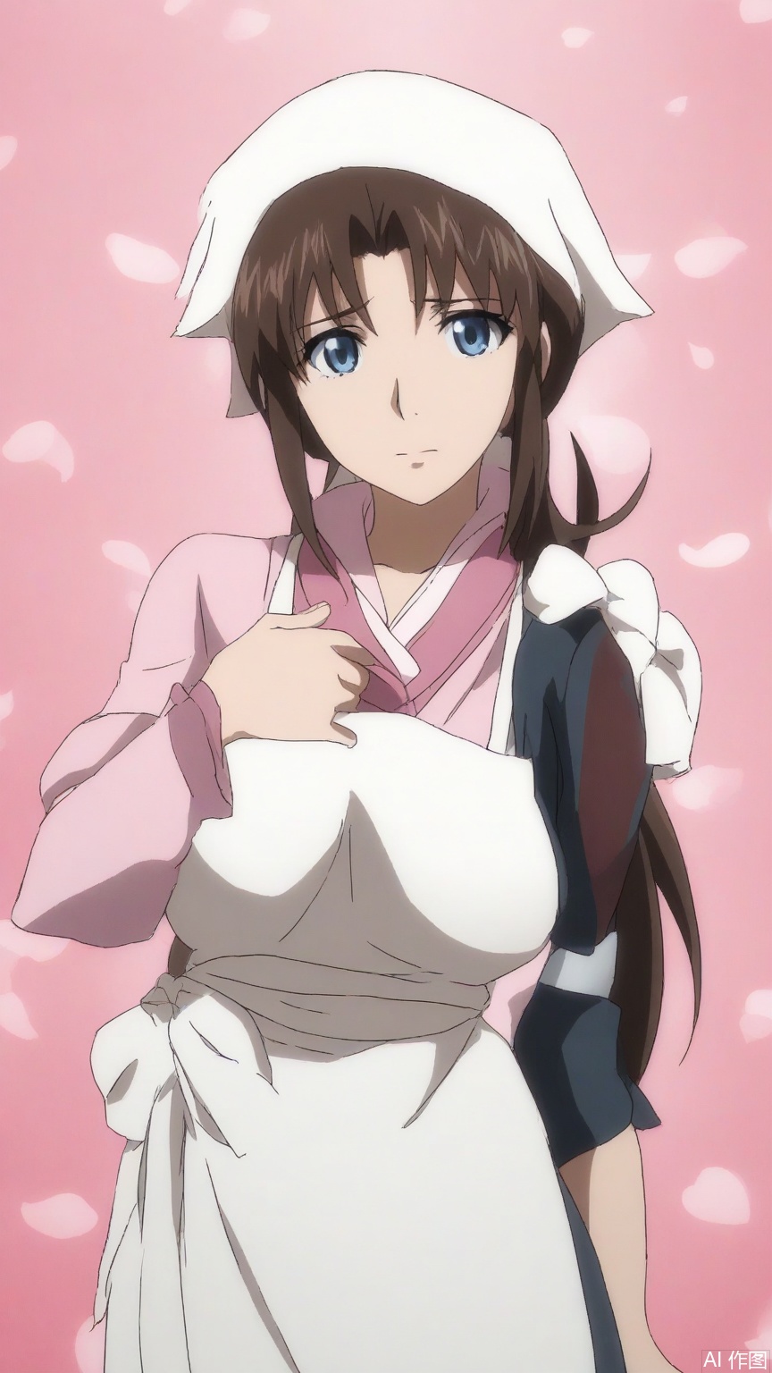 sfw, (high definition, Best quality, masterpiece, 4K, exquisite skin), (petal and beam background:1.1), 1girl, solo, long hair, blue eyes, brown hair, clothes, apron, head scarf, anime coloring, looking at viewer, cowboy_shot