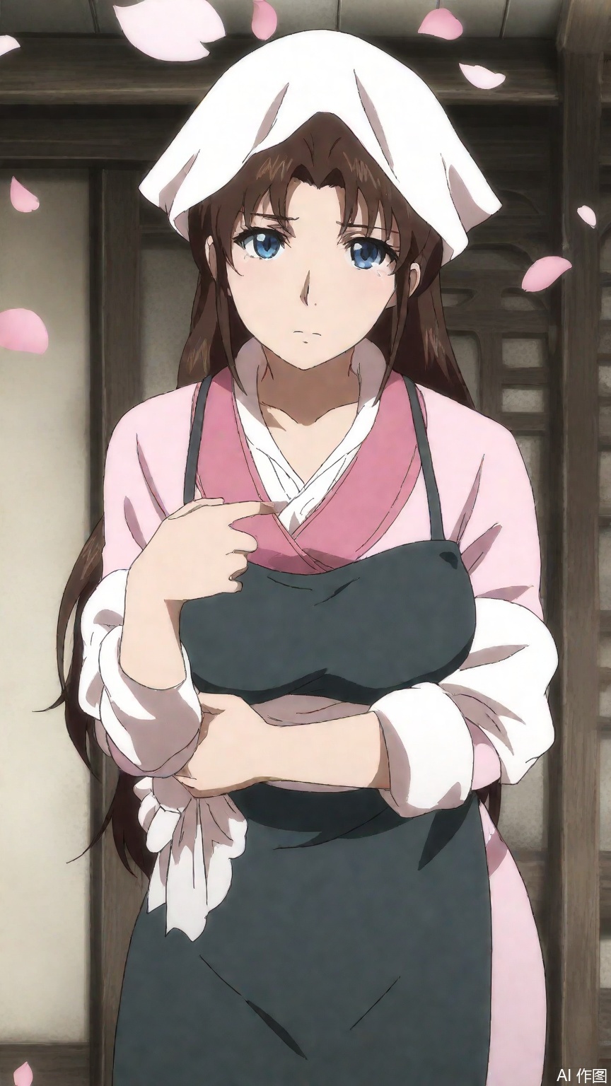 sfw, (high definition, Best quality, masterpiece, 4K, exquisite skin), (petal and beam background:1.1), 1girl, solo, long hair, blue eyes, brown hair, clothes, apron, head scarf, anime coloring, looking at viewer, cowboy_shot