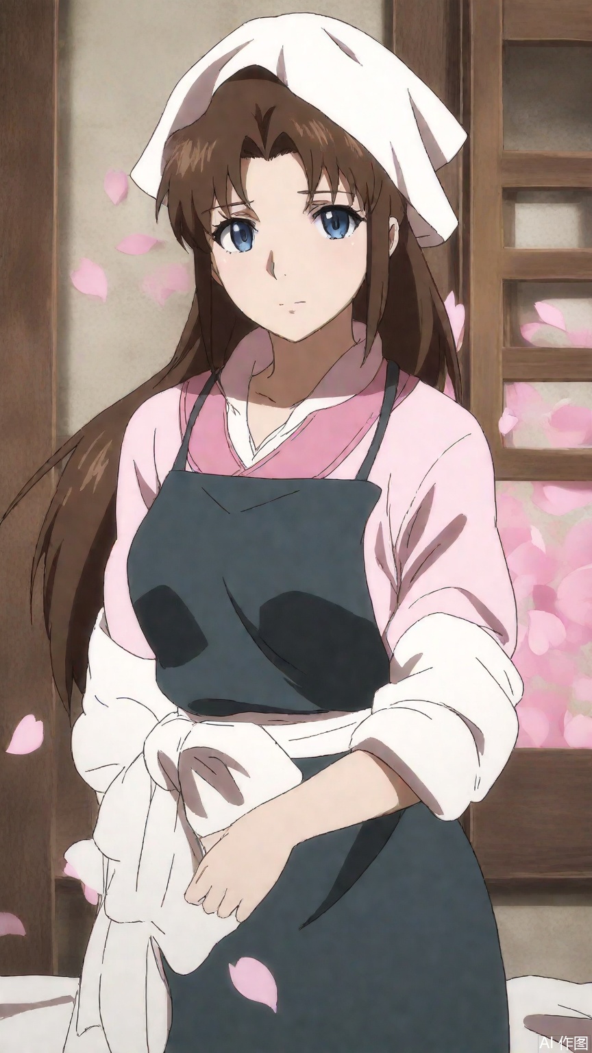 sfw, (high definition, Best quality, masterpiece, 4K, exquisite skin), (petal and beam background:1.1), 1girl, solo, long hair, blue eyes, brown hair, clothes, apron, head scarf, anime coloring, looking at viewer, cowboy_shot