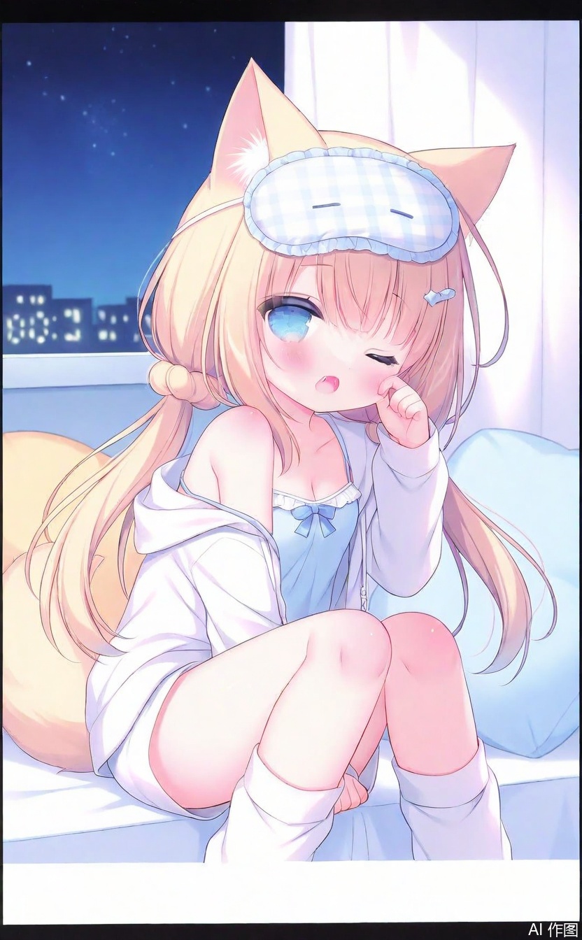 loli,loli,loli,loli,loli,loli,loli,loli, dim1_dim1-7a1fbda9, 1girl, animal_ears, sleep_mask, solo, jacket, camisole, one_eye_closed, breasts, short_shorts, animal_ear_fluff, long_hair, sleeves_past_wrists, window, hood, long_sleeves, night, hood_down, open_jacket, blue_eyes, hooded_jacket, open_clothes, shorts, indoors, socks, pillow, between_legs, mask_on_head, strap_slip, hand_between_legs, sitting, night_sky, cleavage, sky, bow, open_mouth, blush, clock, low_twintails, feet_out_of_frame, blue_bow, twintails, starry_sky, off_shoulder, looking_at_viewer, star_(sky), small_breasts, white_shorts, very_long_hair, alarm_clock, curtains, hair_ornament, frills, loose_socks, ;o, fang, tail, knees_up, mask, frilled_pillow, bare_shoulders, digital_clock, waking_up, white_camisole, hand_up, puffy_long_sleeves