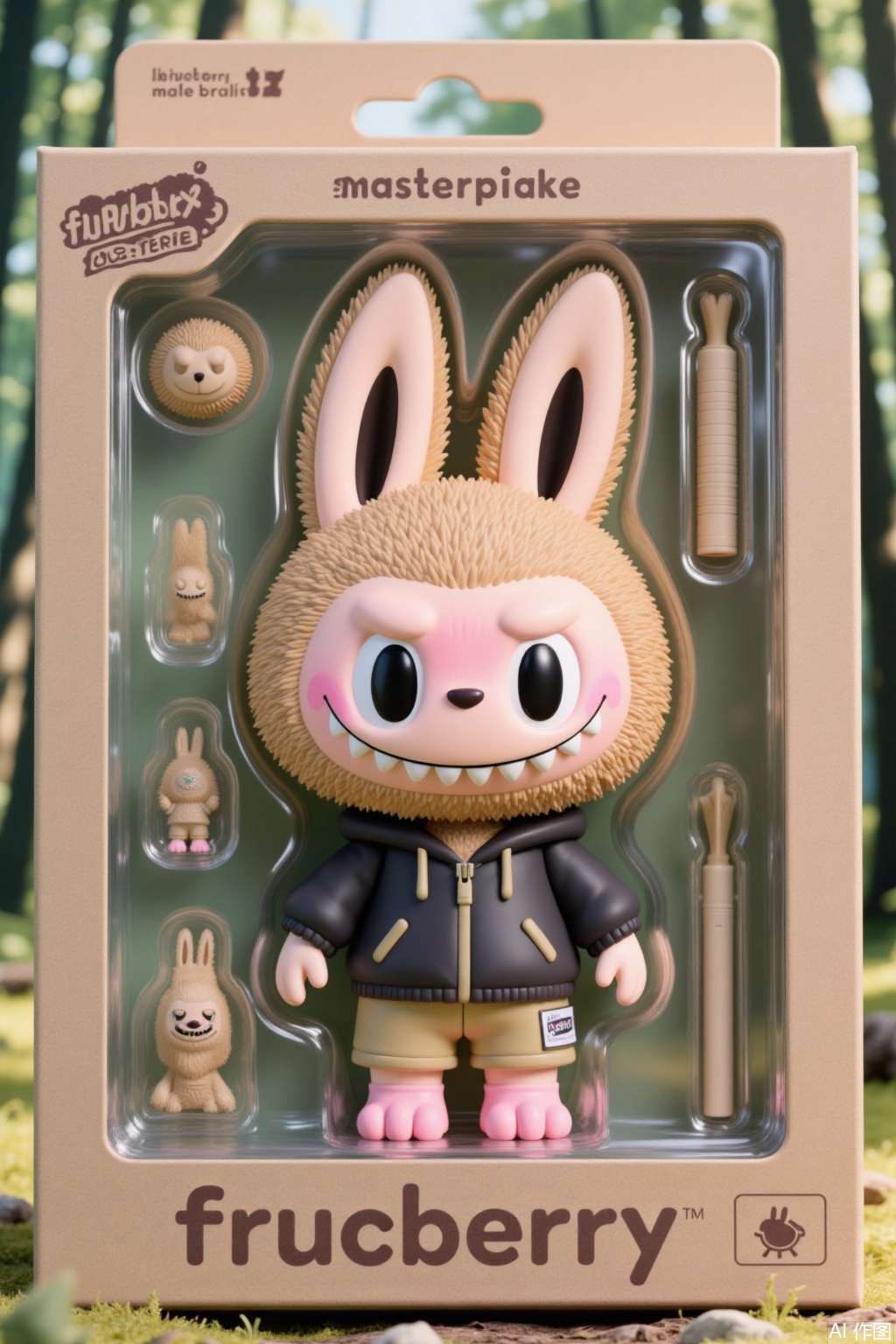 labubu,masterpiece,labubu, The image shows a packaged figure of a cute, furry character with large ears and a wide grin. The character is wearing a dark hoodie and beige shorts. There are additional accessories included in the packaging, such as a small plush ball, a cylindrical object with a handle, and a small figure with a similar design. The background is a forest scene with green foliage, giving a natural and serene atmosphere. The packaging has the text "frucberry" and "frucberry" along with the brand name "frucberry" written in English.