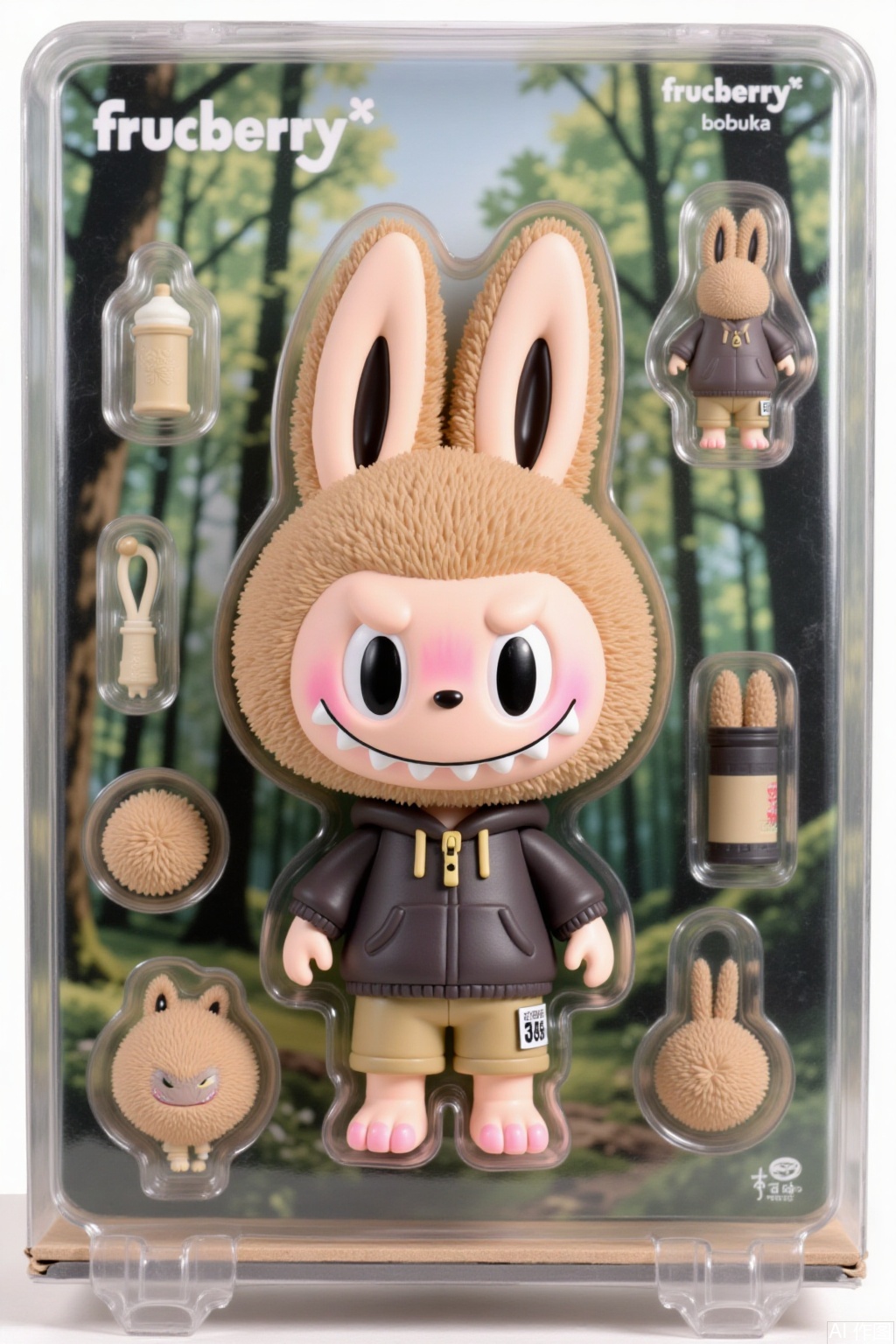 labubu,masterpiece,labubu, The image shows a packaged figure of a cute, furry character with large ears and a wide grin. The character is wearing a dark hoodie and beige shorts. There are additional accessories included in the packaging, such as a small plush ball, a cylindrical object with a handle, and a small figure with a similar design. The background is a forest scene with green foliage, giving a natural and serene atmosphere. The packaging has the text "frucberry" and "frucberry" along with the brand name "frucberry" written in English.