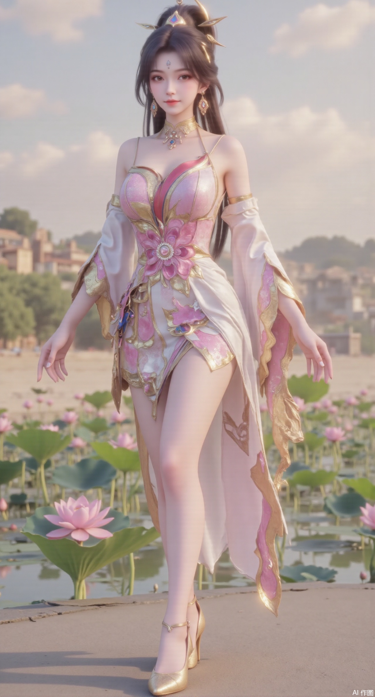 (masterpiece:1.2),best quality, (UE5.5,rendered with Unreal Engine 5,Unreal Engine 5,CG rendering), (masterpiece:1.2),,1girl,solo,standing,looking at viewer,(cowboy_shot:1.3),black hair,long hair,high heels,blurry background,depth of field,motion blur,short dress,china_dress,chinese_style,bare shouders,crystal_earrings,headpiece,hair_tie,chest_jewel,gem,necklace,jewelry,in summer,day,outdoors,nature,sea,(beach:1.4),(huge breasts:2.99),(full breasts:2.99),(lotus pond and pink lotus flowers:1.59),,(very long legs,Diamond-studded high heels:1.5),Xmupeiling,XsongyuYK,XqiyueFHK,XheguangzhefandiYK,XxiaobaiNZYK,XlimuwanJCBYK,XmeijiK,XzhouruK,XHhanfududou,XzhouruK2,XmeijiK2,XlinziyueK2,Xjinniang2,Xdunhuangfeitian,Xyinggou2,XnangongxierK2,Xnvwashenian2,XmupeilingYK,Xdaji2,Xyujishenian2,lanxinai-luxueqiX,Xlinagpiandiaodai