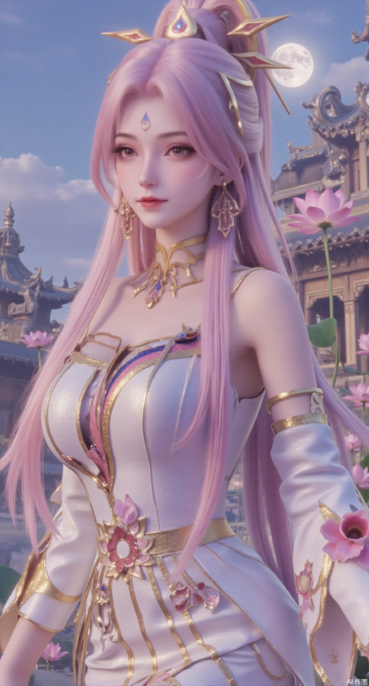  (masterpiece:1.2),best quality, (UE5.5,rendered with Unreal Engine 5,Unreal Engine 5,CG rendering),1girl, navel, solo, midriff, bare shoulders, hair ornament,(long hair),(High double ponytail:1.49), red lips, BREAK, (looking at viewer:1.39), chinese clothes,(long dress:1.36), (lace:1.28), BREAK,blurry, solo focus, long hair, lips, daytime, lipstick, outdoors, standing,upper body,(huge breasts:2.99), (full breasts:2.99),background, solo, makeup,Xyunxiao,(Lotus,Water Lily,Blue sky,full moon:1.39),(Lotus pond,ancient Chinese architecture:1.39),Xmupeiling,XsongyuYK,XqiyueFHK,XheguangzhefandiYK,XxiaobaiNZYK,XlimuwanJCBYK,XmeijiK,XzhouruK,XHhanfududou,XzhouruK2,XmeijiK2,XlinziyueK2,Xjinniang2,Xdunhuangfeitian,Xyinggou2,XnangongxierK2,Xnvwashenian2,XmupeilingYK,Xdaji2,Xyujishenian2,lanxinai-luxueqiX,Xlinagpiandiaodai