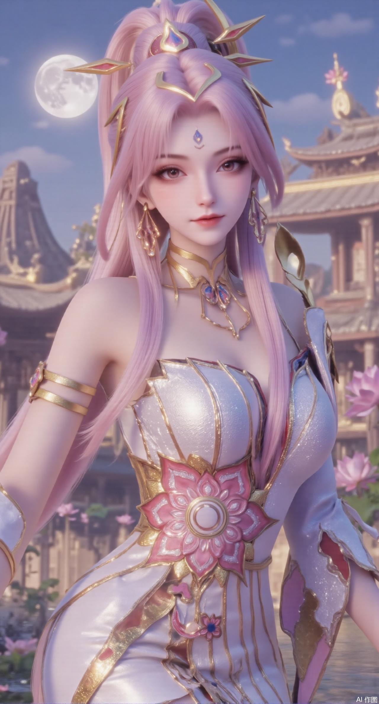  (masterpiece:1.2),best quality, (UE5.5,rendered with Unreal Engine 5,Unreal Engine 5,CG rendering),1girl, navel, solo, midriff, bare shoulders, hair ornament,(long hair),(High double ponytail:1.49), red lips, BREAK, (looking at viewer:1.39), chinese clothes,(long dress:1.36), (lace:1.28), BREAK,blurry, solo focus, long hair, lips, daytime, lipstick, outdoors, standing,upper body,(huge breasts:2.99), (full breasts:2.99),background, solo, makeup,Xyunxiao,(Lotus,Water Lily,Blue sky,full moon:1.39),(Lotus pond,ancient Chinese architecture:1.39),Xmupeiling,XsongyuYK,XqiyueFHK,XheguangzhefandiYK,XxiaobaiNZYK,XlimuwanJCBYK,XmeijiK,XzhouruK,XHhanfududou,XzhouruK2,XmeijiK2,XlinziyueK2,Xjinniang2,Xdunhuangfeitian,Xyinggou2,XnangongxierK2,Xnvwashenian2,XmupeilingYK,Xdaji2,Xyujishenian2,lanxinai-luxueqiX,Xlinagpiandiaodai