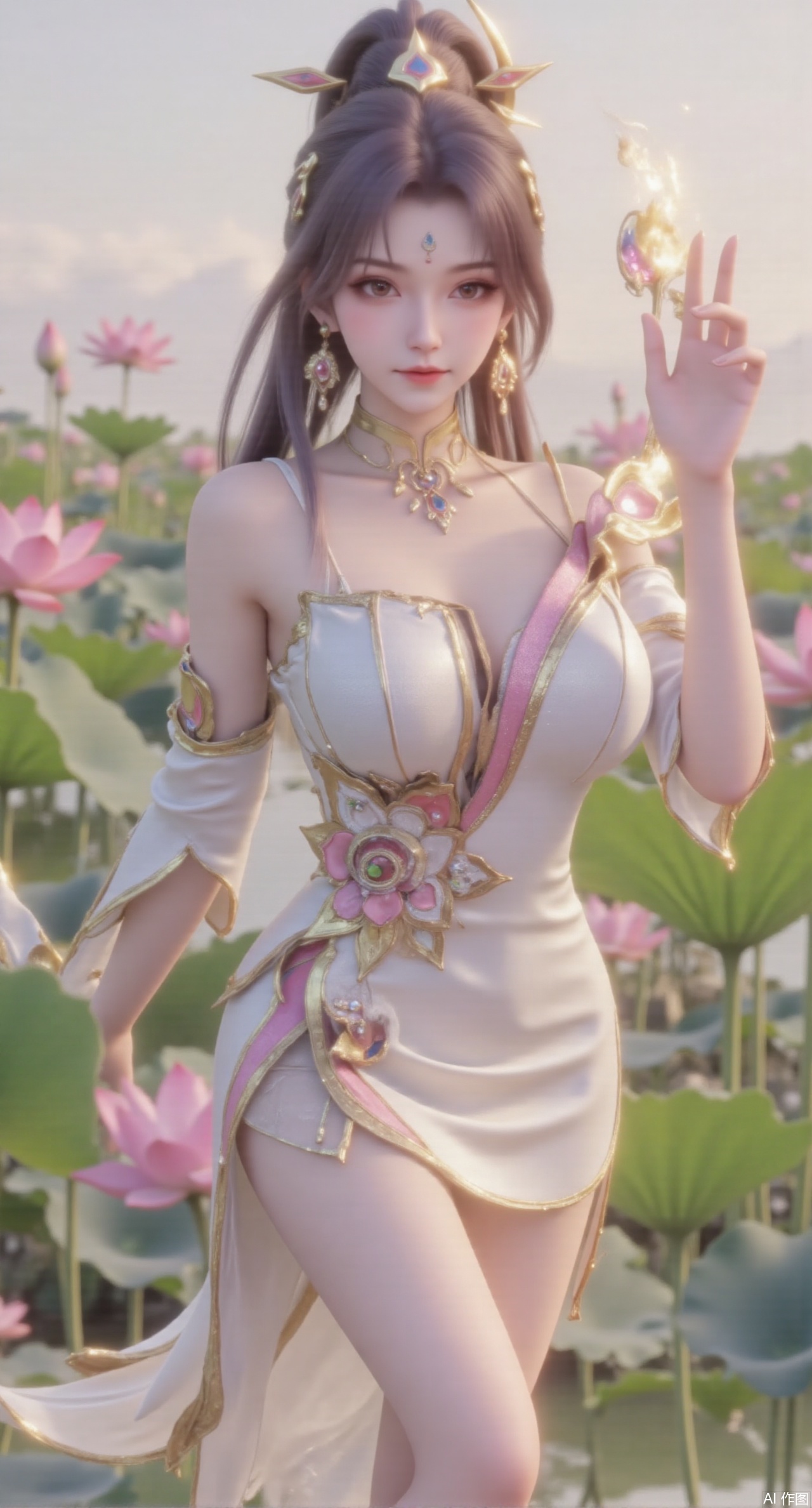 (masterpiece:1.2),best quality, (UE5.5,rendered with Unreal Engine 5,Unreal Engine 5,CG rendering), (masterpiece:1.2),,1girl,solo,standing,looking at viewer,(cowboy_shot:1.3),black hair,long hair,high heels,blurry background,depth of field,motion blur,short dress,china_dress,chinese_style,bare shouders,crystal_earrings,headpiece,hair_tie,chest_jewel,gem,necklace,jewelry,in summer,day,outdoors,nature,sea,(beach:1.4),(huge breasts:2.99),(full breasts:2.99),(lotus pond and pink lotus flowers:1.59),,(very long legs,Diamond-studded high heels:1.5),Xmupeiling,XsongyuYK,XqiyueFHK,XheguangzhefandiYK,XxiaobaiNZYK,XlimuwanJCBYK,XmeijiK,XzhouruK,XHhanfududou,XzhouruK2,XmeijiK2,XlinziyueK2,Xjinniang2,Xdunhuangfeitian,Xyinggou2,XnangongxierK2,Xnvwashenian2,XmupeilingYK,Xdaji2,Xyujishenian2,lanxinai-luxueqiX,Xlinagpiandiaodai