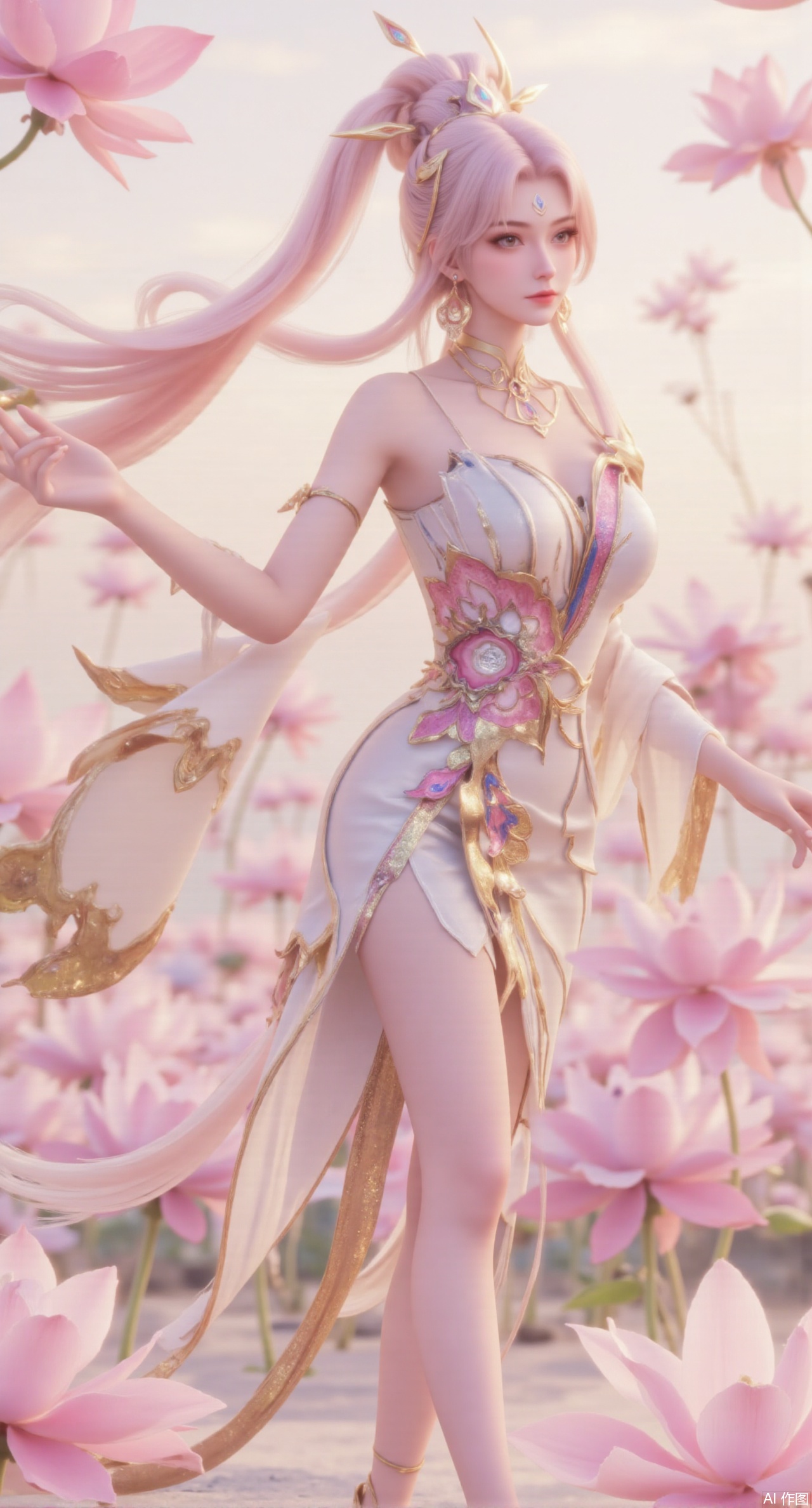  (masterpiece:1.2),best quality,(UE5.5,rendered with Unreal Engine 5,Unreal Engine 5,CG rendering:1.1),original,extremely detailed wallpaper,perfect lighting,1girl,solo,standing,(huge breasts:2.69),(full breasts:2.59),,looking at viewer,(cowboy_shot:1.1),long hair,high heels,blurry background,depth of field,motion blur,long dress,china_dress,chinese_style,bare shouders,crystal_earrings,headpiece,hair_tie,chest_jewel,gem,necklace,jewelry,in summer,day,outdoors,nature,sea,(rose,beach:1.49),(huge breasts:2.99),(full breasts:2.99),,(Background with lotus pond and pink lotus flowers:1.39),Xmupeiling,XsongyuYK,XqiyueFHK,XheguangzhefandiYK,XxiaobaiNZYK,XlimuwanJCBYK,XmeijiK,XzhouruK,Xjinniang,Xliangpianqun,Xyinggou,Xfeitianwunv,XnangongxierK,Xbaiyuekuishouban,Xnvwashenian,XmupeilingY,Xdaji,Xyujishenian,XluxueqiX