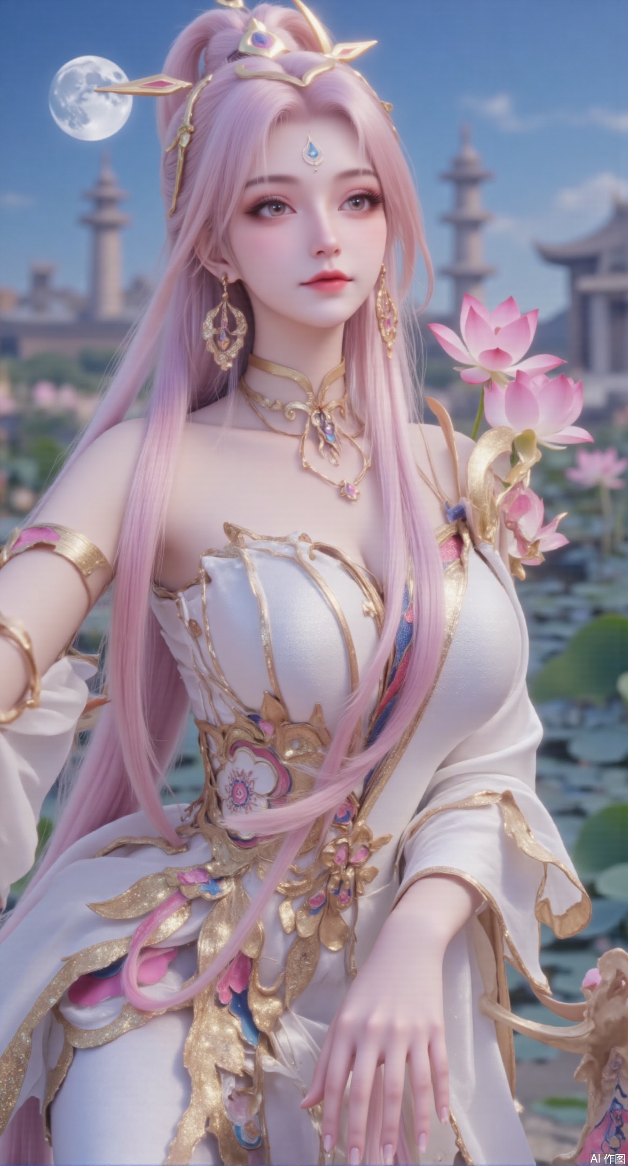 (masterpiece, best quality:1.2),1girl, navel, solo, midriff, bare shoulders, hair ornament,(long hair),(High double ponytail:1.49), red lips, BREAK, (looking at viewer:1.39), chinese clothes,(long dress:1.36), (lace:1.28), BREAK,blurry, solo focus, long hair, lips, daytime, lipstick, outdoors, standing,upper body,(huge breasts:2.99), (full breasts:2.99),background, solo, makeup,Xyunxiao,(Lotus,Water Lily,Blue sky,full moon:1.39),(Lotus pond,ancient Chinese architecture:1.39),Xmupeiling,XsongyuYK,XqiyueFHK,XheguangzhefandiYK,XxiaobaiNZYK,XlimuwanJCBYK,XmeijiK,XzhouruK,Xjinniang,Xliangpianqun,Xyinggou,Xfeitianwunv,XnangongxierK,Xbaiyuekuishouban,Xnvwashenian,XmupeilingY,Xdaji,Xyujishenian,XluxueqiX