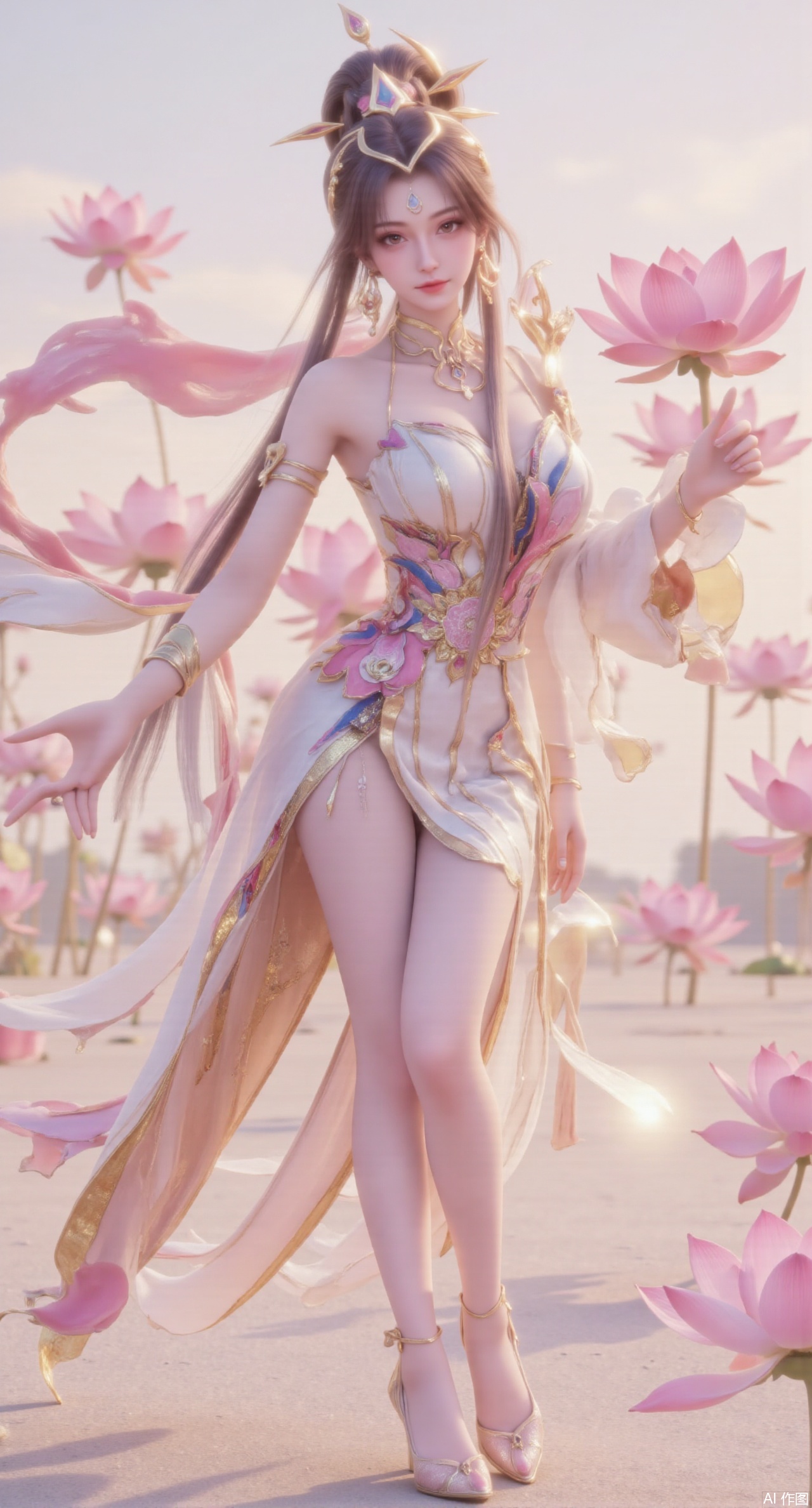  (masterpiece:1.2),best quality,(UE5.5,rendered with Unreal Engine 5,Unreal Engine 5,CG rendering:1.1),original,extremely detailed wallpaper,perfect lighting,1girl,solo,standing,(huge breasts:2.69),(full breasts:2.59),,looking at viewer,(cowboy_shot:1.1),long hair,high heels,blurry background,depth of field,motion blur,long dress,china_dress,chinese_style,bare shouders,crystal_earrings,headpiece,hair_tie,chest_jewel,gem,necklace,jewelry,in summer,day,outdoors,nature,sea,(rose,beach:1.49),(huge breasts:2.99),(full breasts:2.99),,(Background with lotus pond and pink lotus flowers:1.39),Xmupeiling,XsongyuYK,XqiyueFHK,XheguangzhefandiYK,XxiaobaiNZYK,XlimuwanJCBYK,XmeijiK,XzhouruK,Xjinniang,Xliangpianqun,Xyinggou,Xfeitianwunv,XnangongxierK,Xbaiyuekuishouban,Xnvwashenian,XmupeilingY,Xdaji,Xyujishenian,XluxueqiX