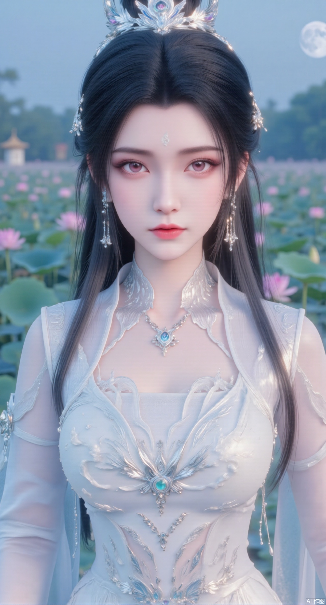 (masterpiece, best quality:1.2),1girl, navel, solo, midriff, bare shoulders, hair ornament,(long hair),(High double ponytail:1.49), red lips, BREAK, (looking at viewer:1.39), chinese clothes,(long dress:1.36), (lace:1.28), BREAK,blurry, solo focus, long hair, lips, daytime, lipstick, outdoors, standing,upper body,(huge breasts:2.99), (full breasts:2.99),background, solo, makeup,Xyunxiao,(Lotus,Water Lily,Blue sky,full moon:1.39),(Lotus pond,ancient Chinese architecture:1.39),Xmupeiling,XsongyuYK,XqiyueFHK,XheguangzhefandiYK,XxiaobaiNZYK,XlimuwanJCBYK,XmeijiK,XzhouruK,Xjinniang,Xliangpianqun,Xyinggou,Xfeitianwunv,XnangongxierK,Xbaiyuekuishouban,Xnvwashenian,XmupeilingY,Xdaji,Xyujishenian,XluxueqiX