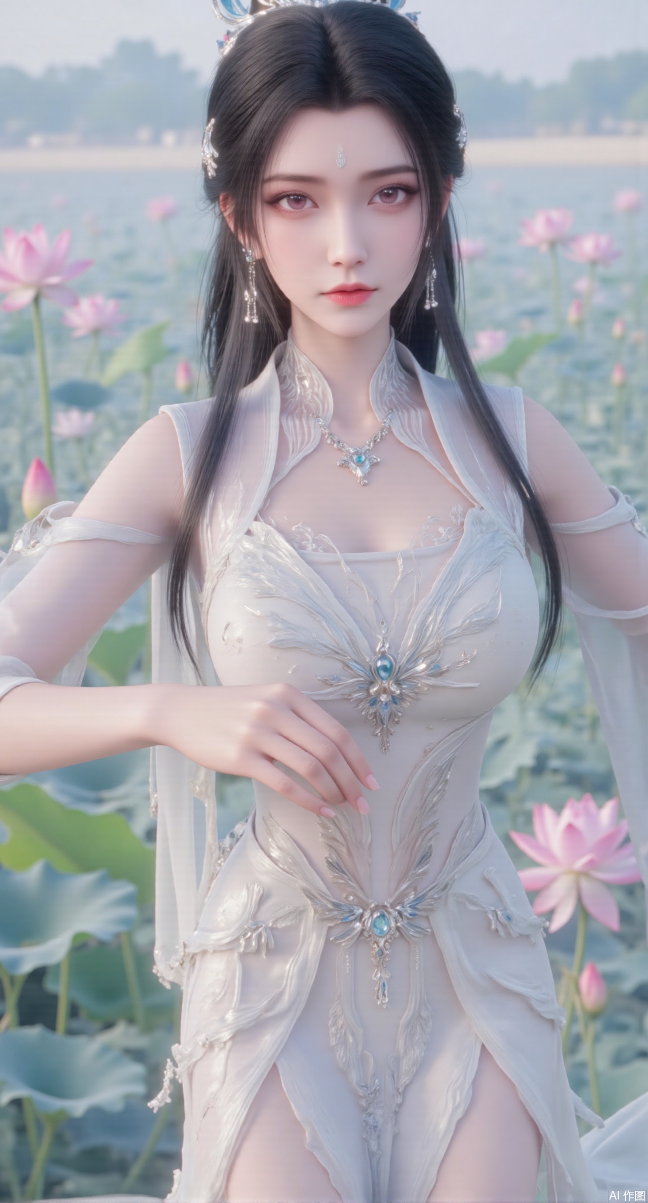  (masterpiece:1.2),best quality,(UE5.5,rendered with Unreal Engine 5,Unreal Engine 5,CG rendering:1.1),original,extremely detailed wallpaper,perfect lighting,1girl,solo,standing,(huge breasts:2.69),(full breasts:2.59),,looking at viewer,(cowboy_shot:1.1),long hair,high heels,blurry background,depth of field,motion blur,long dress,china_dress,chinese_style,bare shouders,crystal_earrings,headpiece,hair_tie,chest_jewel,gem,necklace,jewelry,in summer,day,outdoors,nature,sea,(rose,beach:1.49),(huge breasts:2.99),(full breasts:2.99),,(Background with lotus pond and pink lotus flowers:1.39),Xmupeiling,XsongyuYK,XqiyueFHK,XheguangzhefandiYK,XxiaobaiNZYK,XlimuwanJCBYK,XmeijiK,XzhouruK,Xjinniang,Xliangpianqun,Xyinggou,Xfeitianwunv,XnangongxierK,Xbaiyuekuishouban,Xnvwashenian,XmupeilingY,Xdaji,Xyujishenian,XluxueqiX